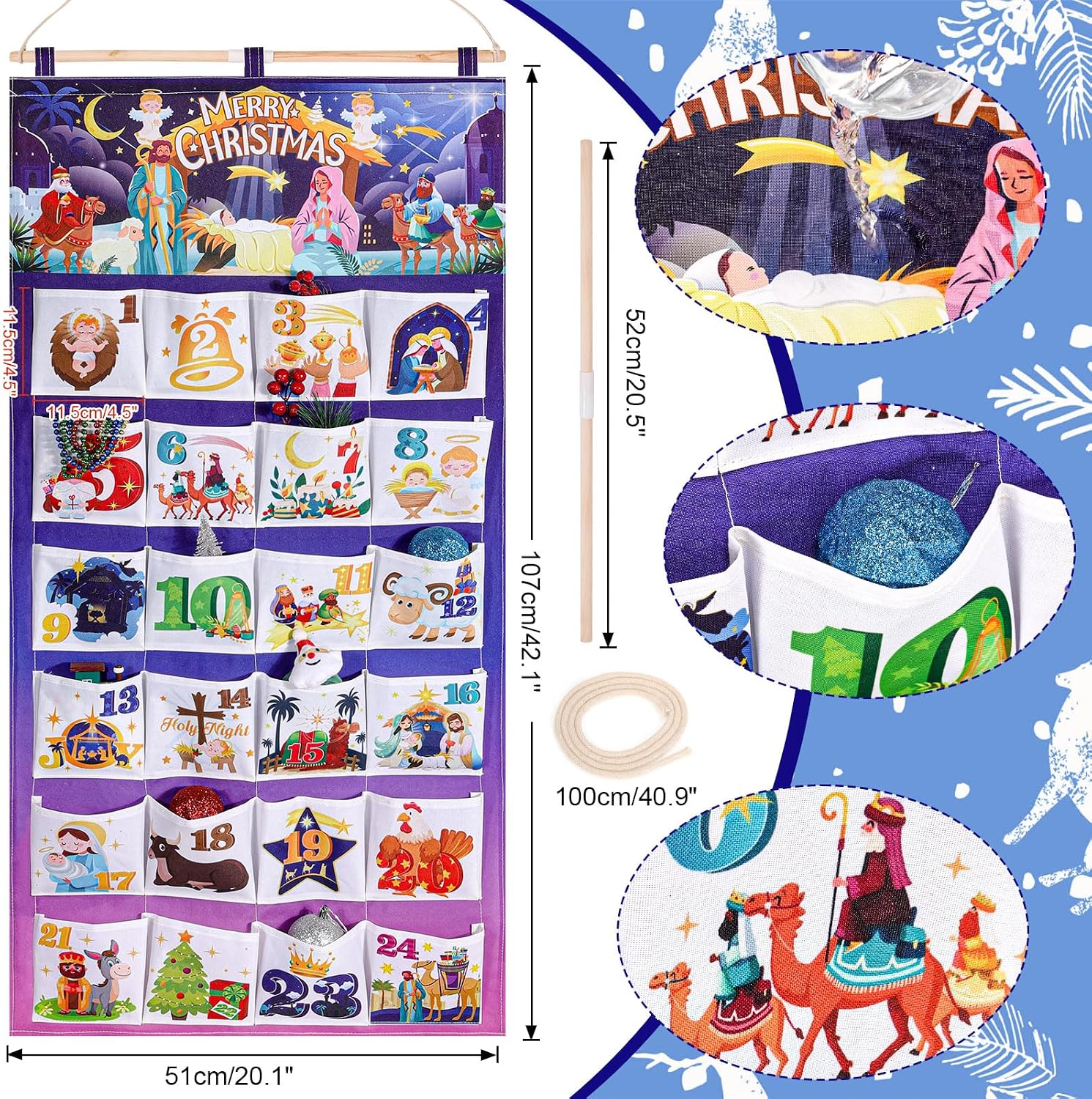 HOWAF Nativity Advent Calendar, Fabric Christmas Advent Calendar (Countdown to Christmas), 24 Days Mystery Christmas Countdown Calendar with 24 Pockets, Religious Advent Calendar for Xmas Holiday Home Wall Decoration