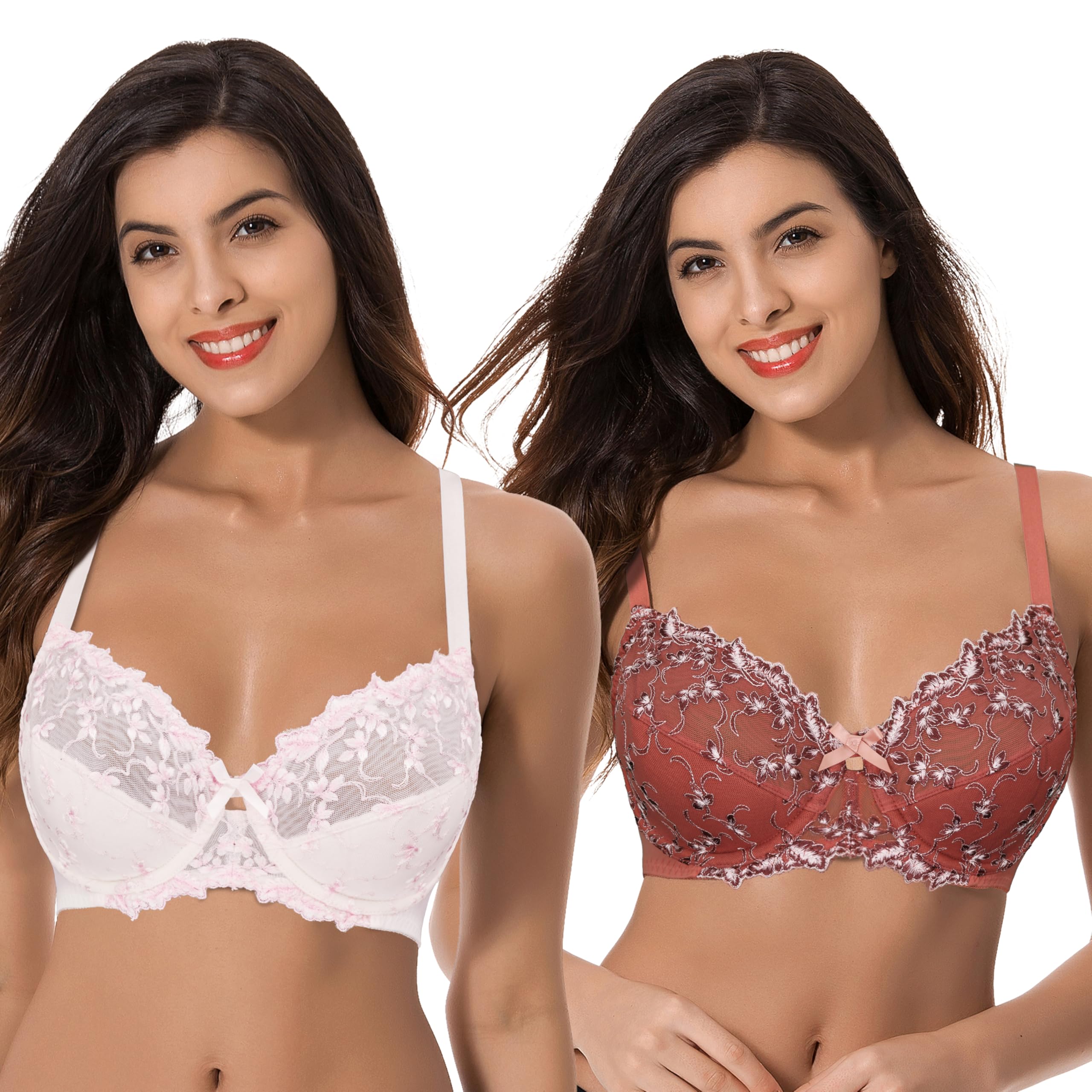 Curve Muse Damen Leicht Gepolstert Bügel Stickerei Spitzen BH-2er Pack