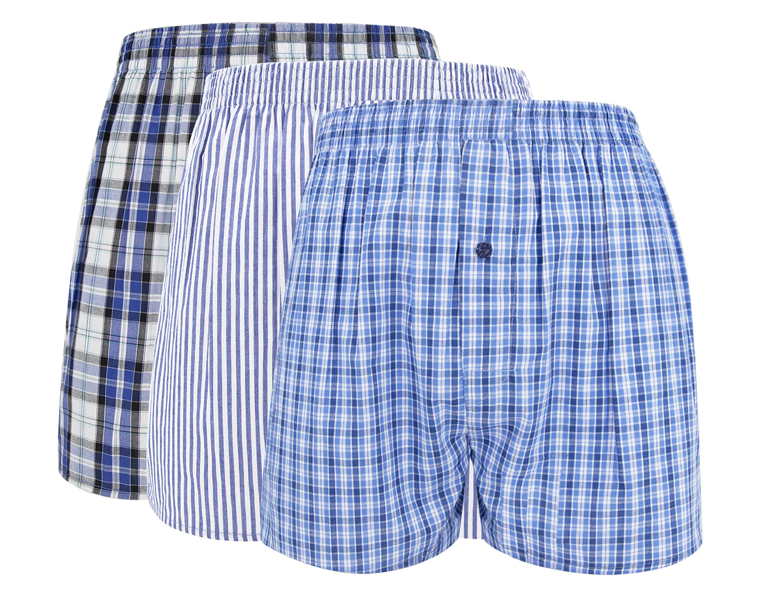 Boxer da uomo in 100% cotone scozzese intrecciato con bottone Fly Loose Fit biancheria intima multipla, confezione da 3, Blu, M