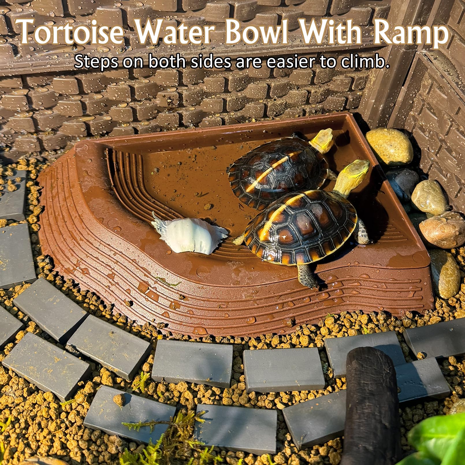 Piscina da bagno per rettili 2 in 1 con rampa grande ciotola per l'alimentazione delle tartarughe con gradini piatti in plastica per cibo e acqua per rettili 7 pezzi accessori decorativi per