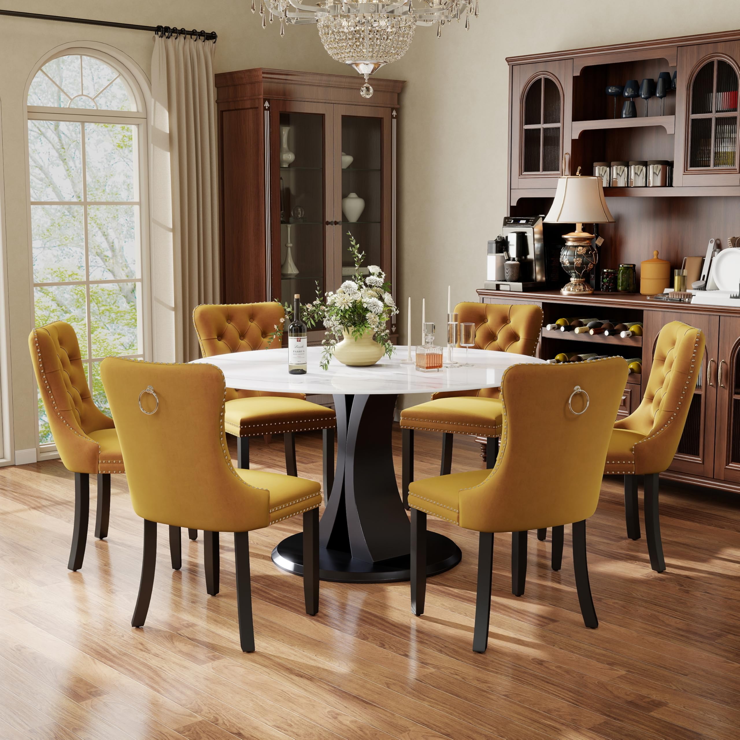 7-Piece Dining Table Set with 47In Faux Marble Table and 6 Velvet Upholstered Chairs, Modern Scandinavian Furniture for Dining Room Kitchen(Yellow)