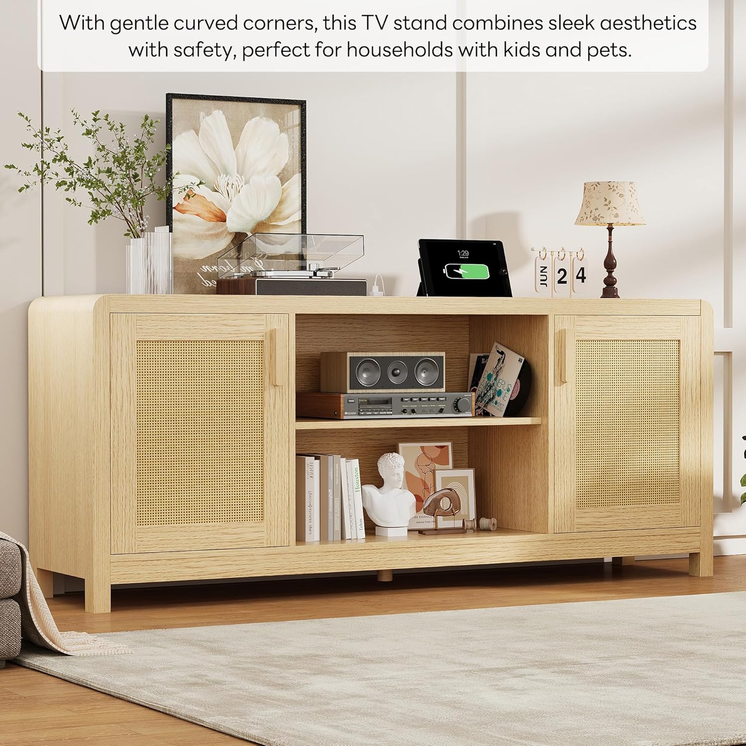 LIKIMIO TV Stand with Power Outlet for TVs up to 65", Entertainment Center with Rattan Doors Storage & Adjustable Shelves, Cord Holes, Modern Media Console for Living Room, Natural