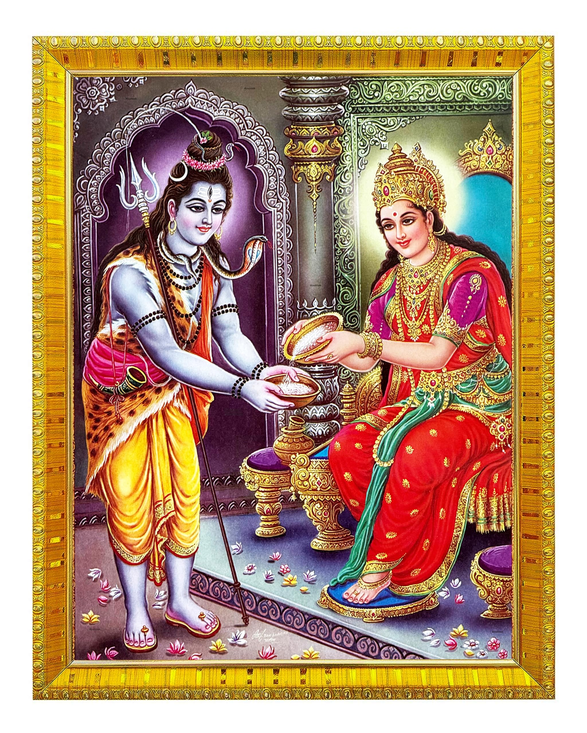 Koshtak Load Shiva & Maa Annapurna Devi Sitting On Throne Photo Frame With Glossy Lamination On Poster With Golden Frame For Puja Room/Temple/Wall Hanging/Gift/Home Decor/Worship Size 30cm x 23 cm…..