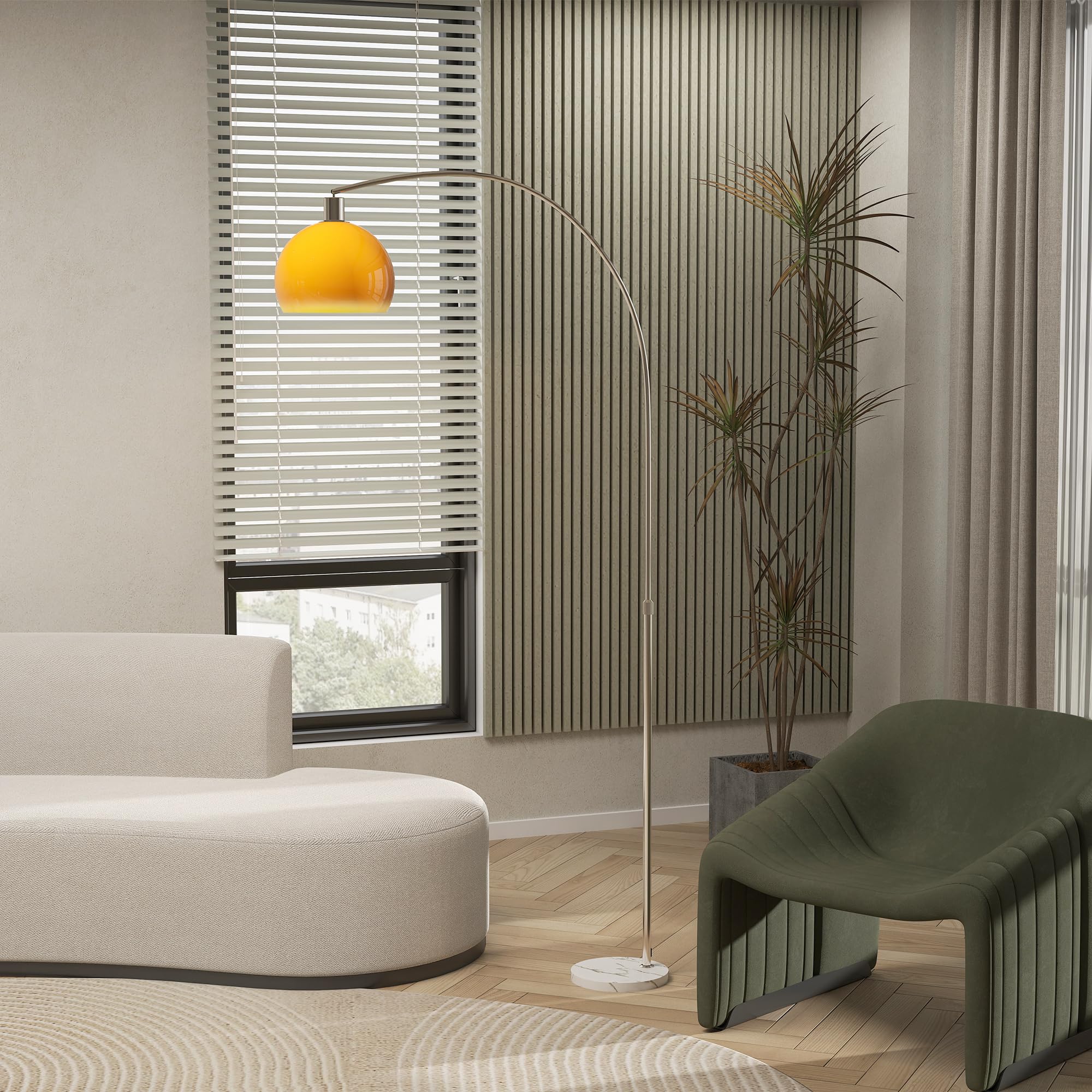 HOMCOM Lampada da Terra ad Arco Moderna 26x90x180 cm Bianco e Arancione | Interruttore a Pedale, Paralume Rotondo, Lampada da Terra Salotto, Marmo Metallo e Plastica