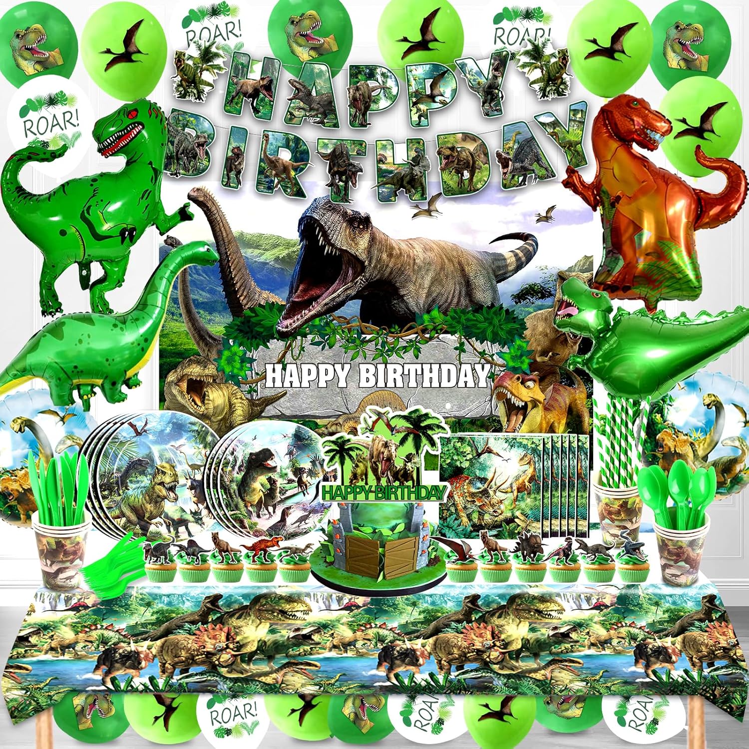 Dinosaur Birthday Decorations, Dino Birthday Party Supplies&Decorations 4 Year Old,Dinosaur Theme Party Decoration Set Include Banner Tablecloth Balloons Cake Toppers Plate Napkin for Kids Party