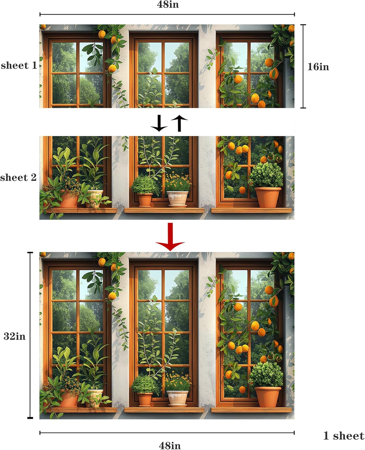 AMAZING WALL Fake Window Wall Decals Botanical Garden Citrus Vines Triptych Peel and Stick Removable Kitchen Dining Decor,32x48in/2PCS