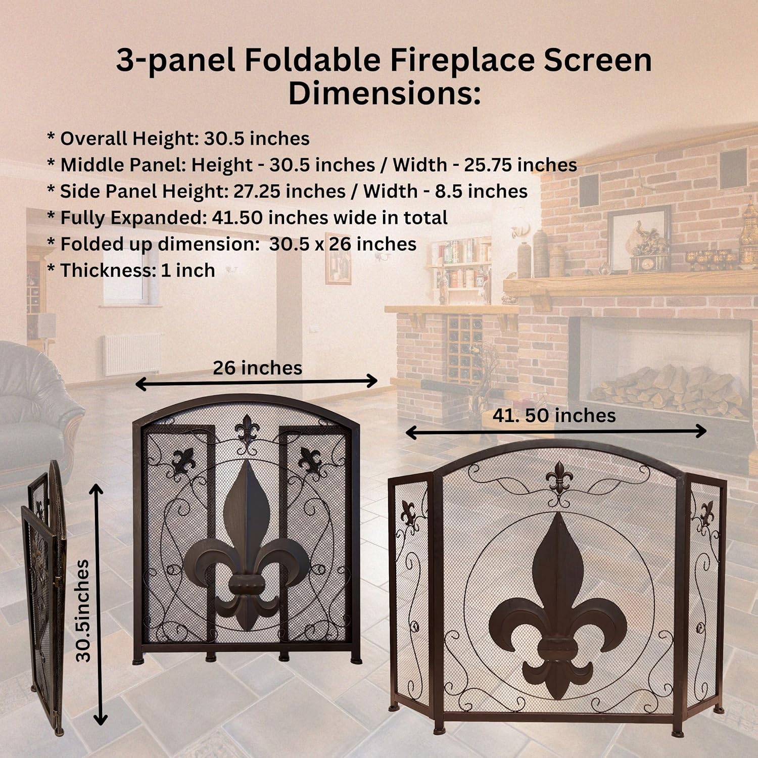BestGiftEver 3-Panel Fireplace Screen Decorative with Fleur De Lis Design, Classic Dark Brown - Stand Alone Decorative Wrought Iron Mesh French Royal Style Fireplace Cover, Classic Home decor