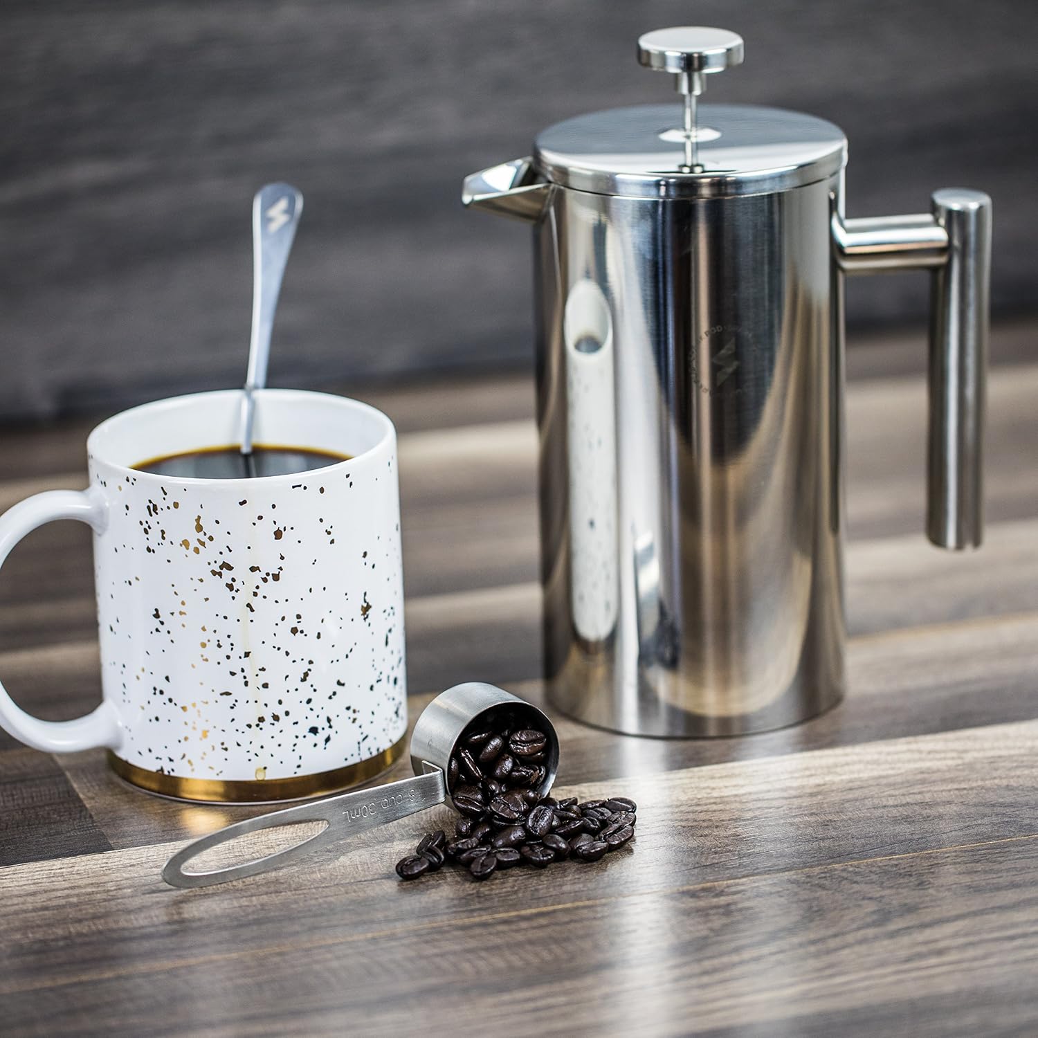 Brill Stone French Press Coffee & Tea Maker Complete Bundle (34 Oz â 1 Liter) 4 Items â Double Wall Stainless Steel French Press, Serving Scoop, Dessert Spoon & 4 Ultra-Fine Filter Screens