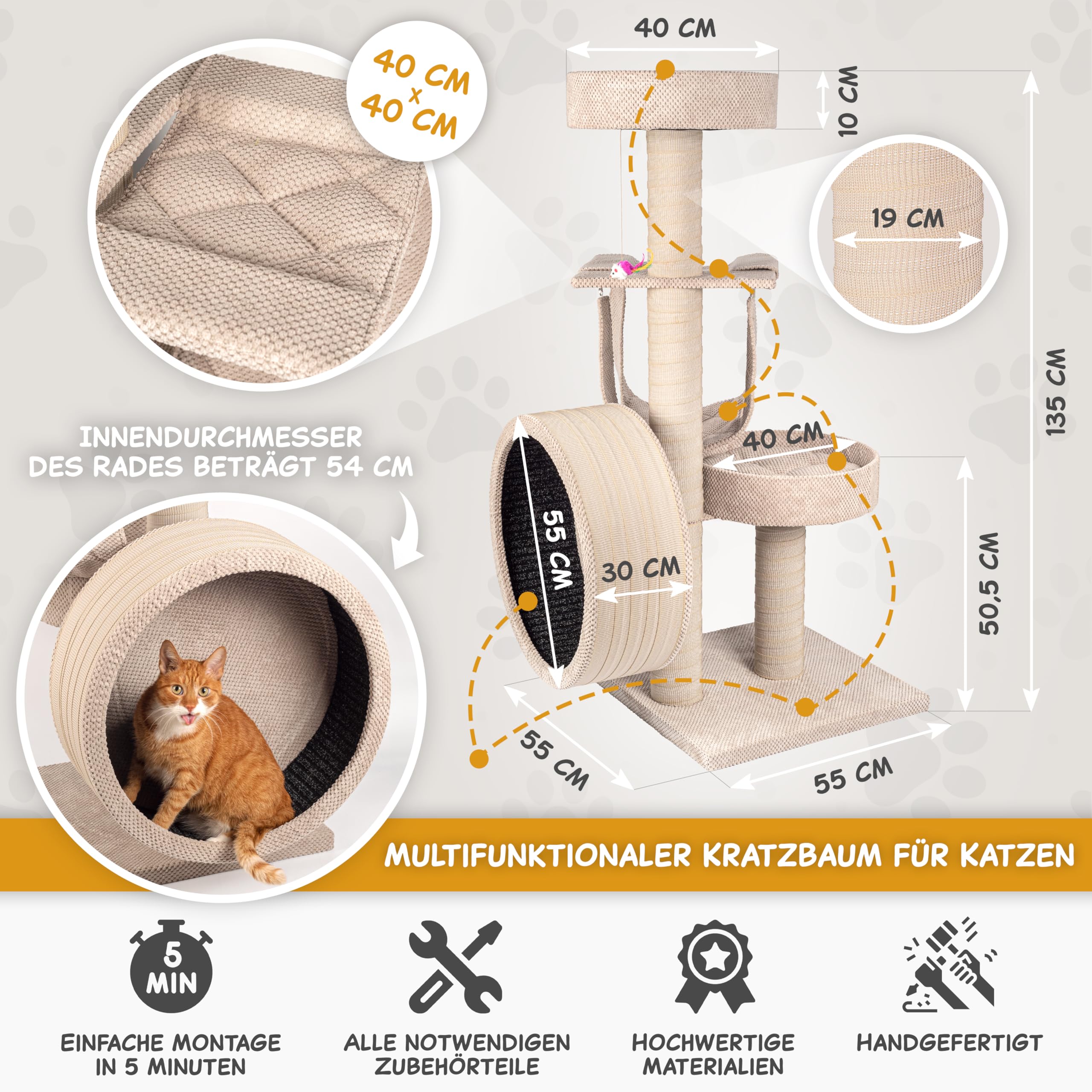 Outentin Kratzbaum für Katzen, mit kleinem Katzenlaufrad aus Holz, Massiver & Stabiler Katzenbaum, Robuster mittelgroßer Kletterbaum & Aktivitätskratzbäume, 135 cm hoch, Dicke Stämme (Beige)