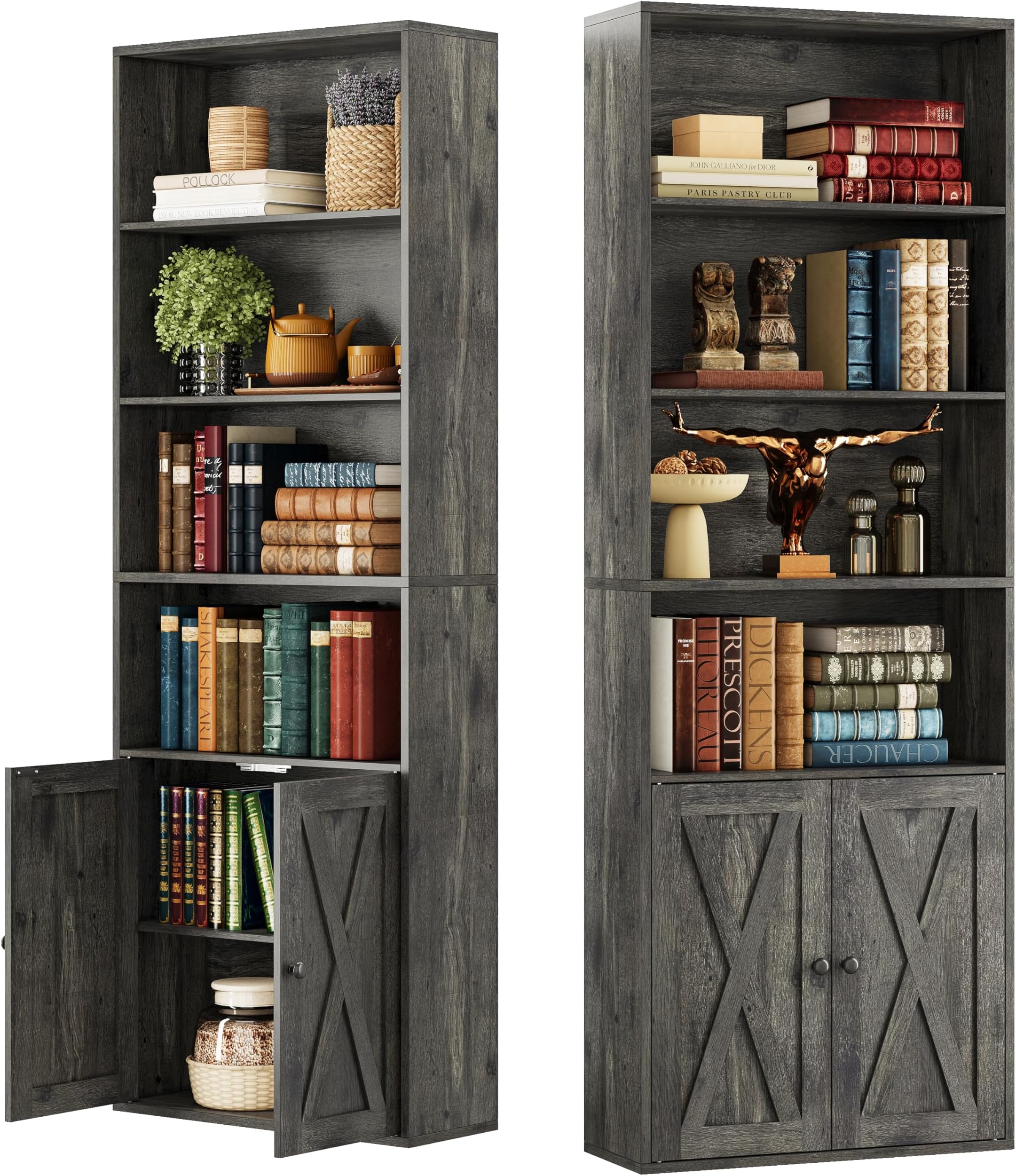 Industrial Bookshelves and Bookcases with Doors Set of 2 Floor Standing 6 Shelf Display Storage Shelves 70 in Tall Bookcase for Home Office, Living Room