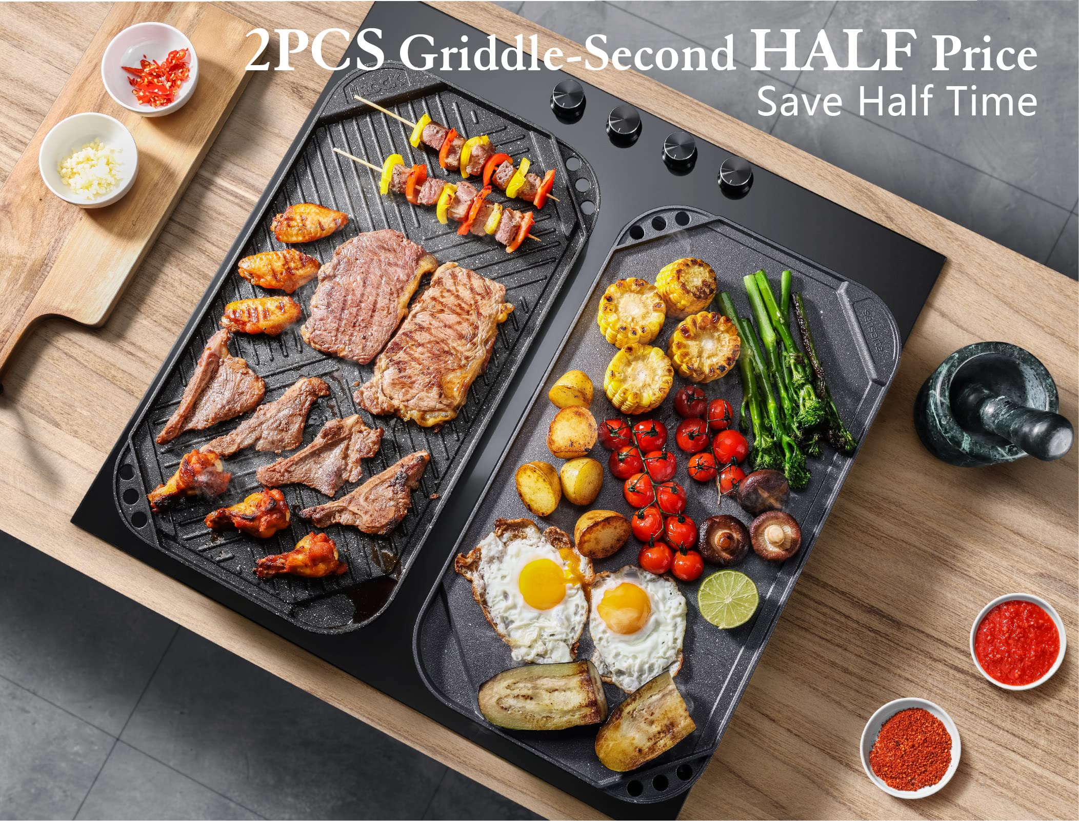 SENSARTE 2PCS Nonstick Griddle Grill Pan, Pro-Grid Reversible Grill & Griddle Pan, Two Burner Cast Aluminum Griddle, Portable for Indoor Stovetop or Outdoor Camping BBQ, 19.5" x 10.7" x 2,Black+Gray