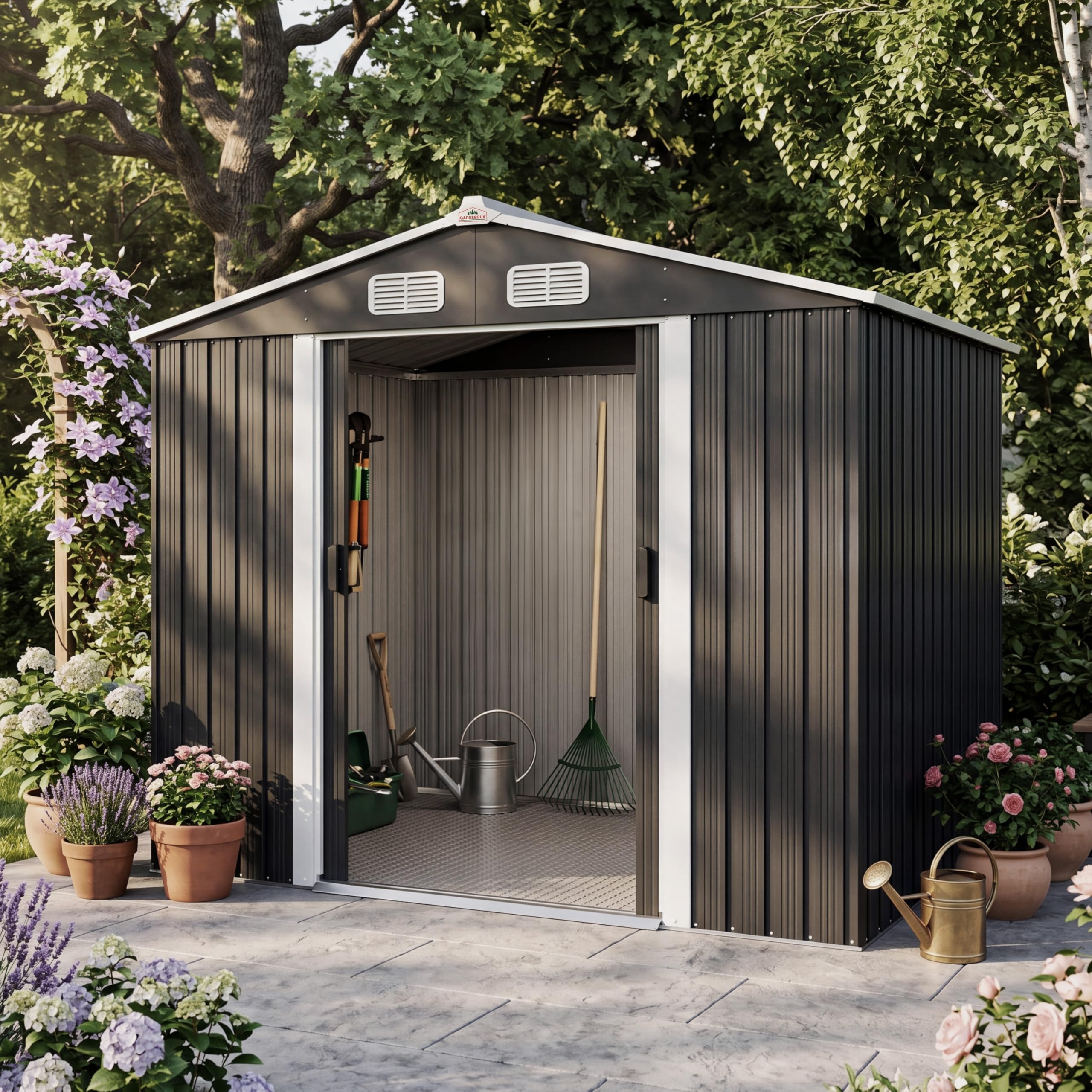 GARDEBRUK® XXL Metall Gerätehaus 5m² mit Fundament 257x205x178cm Schiebetür Anthrazit Geräteschuppen Gartenhaus 9m³ | Gartenmöbel Gartenmöbel Gartendach Rasenmäher Garage mit 96cm Schiebetür verzinkter Stahl Schuppen für Werkzeuge