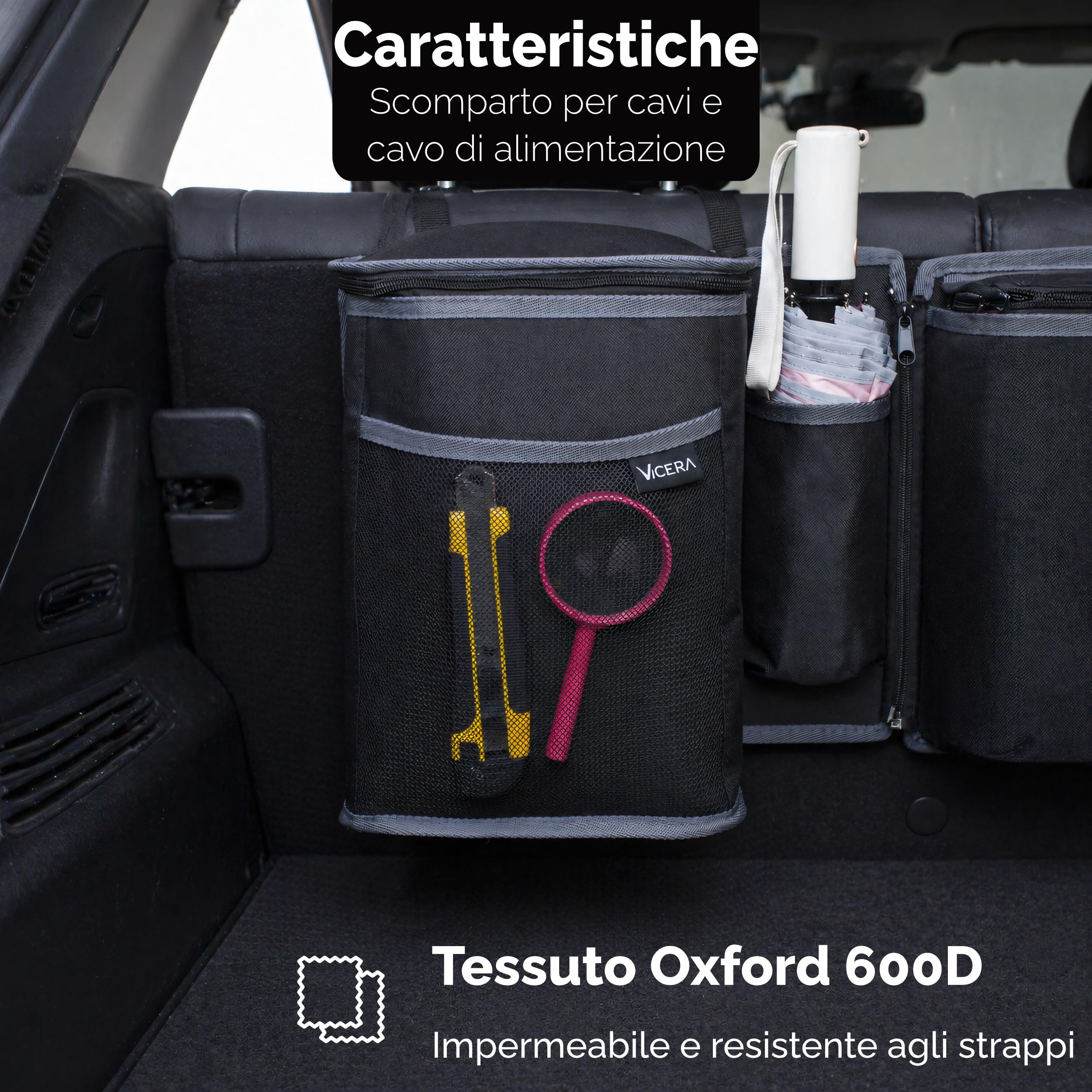 Vicera Organizer per bagagliaio con velcro – Grande tasca per bagagliaio Auto Organizer per SUV, station wagon, autobus, furgoni, auto grandi con moduli divisibili - Organizer per bagagliaio auto con