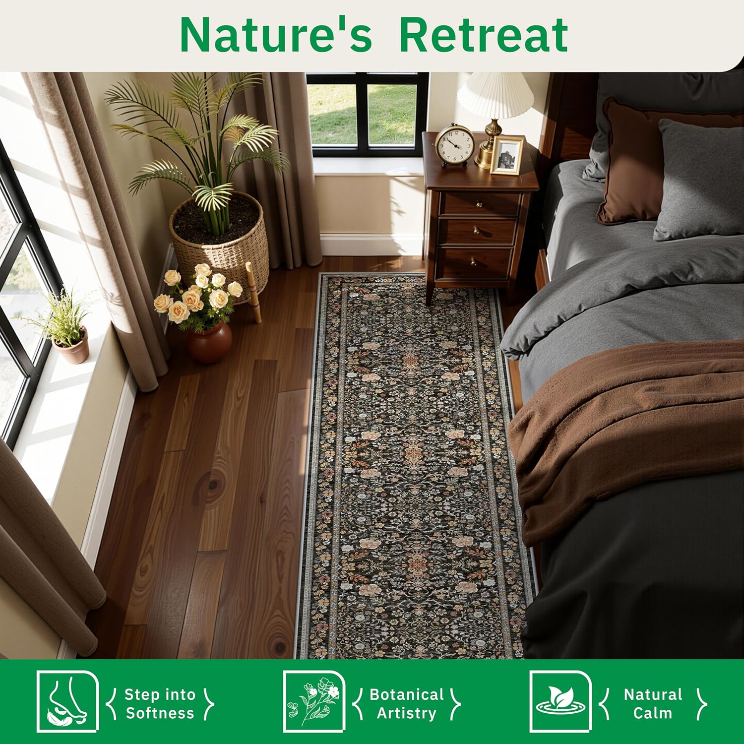 2x8 Runner Rug Non Slip Washable Hallway Runner Cloud Like Soft Morris Floral Rug for Hallway Entryway Bedroom Waterproof Runners for Kitchen Living Room Bathroom Black