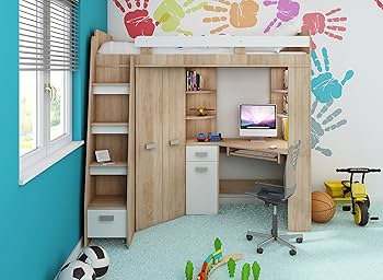 FurnitureByJDM High Sleeper Bed With Desk And Wardrobe U2013 Space Saving Loft Bed For Kids (110x204 Cm) Mattress Size 80x200 Cm U2013 Right Side Ladder U2013 SMYK (White/Lavender