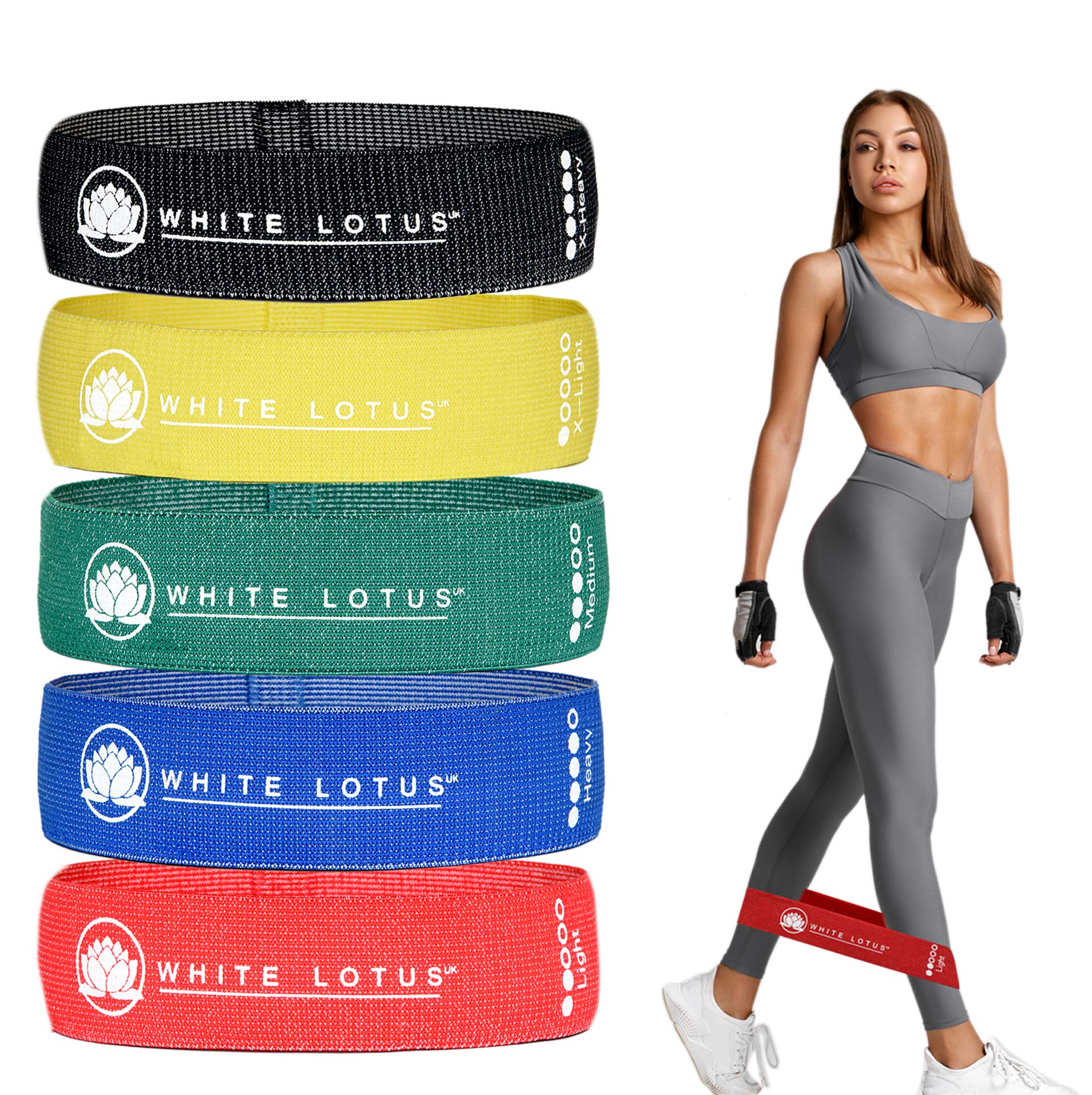 White Lotus UK Resistance Bands | Set of 5 | Fabric Exercise Loops with Non-Slip Design for Legs and Glutes | Booty Bands for Fitness, Yoga, Pilates