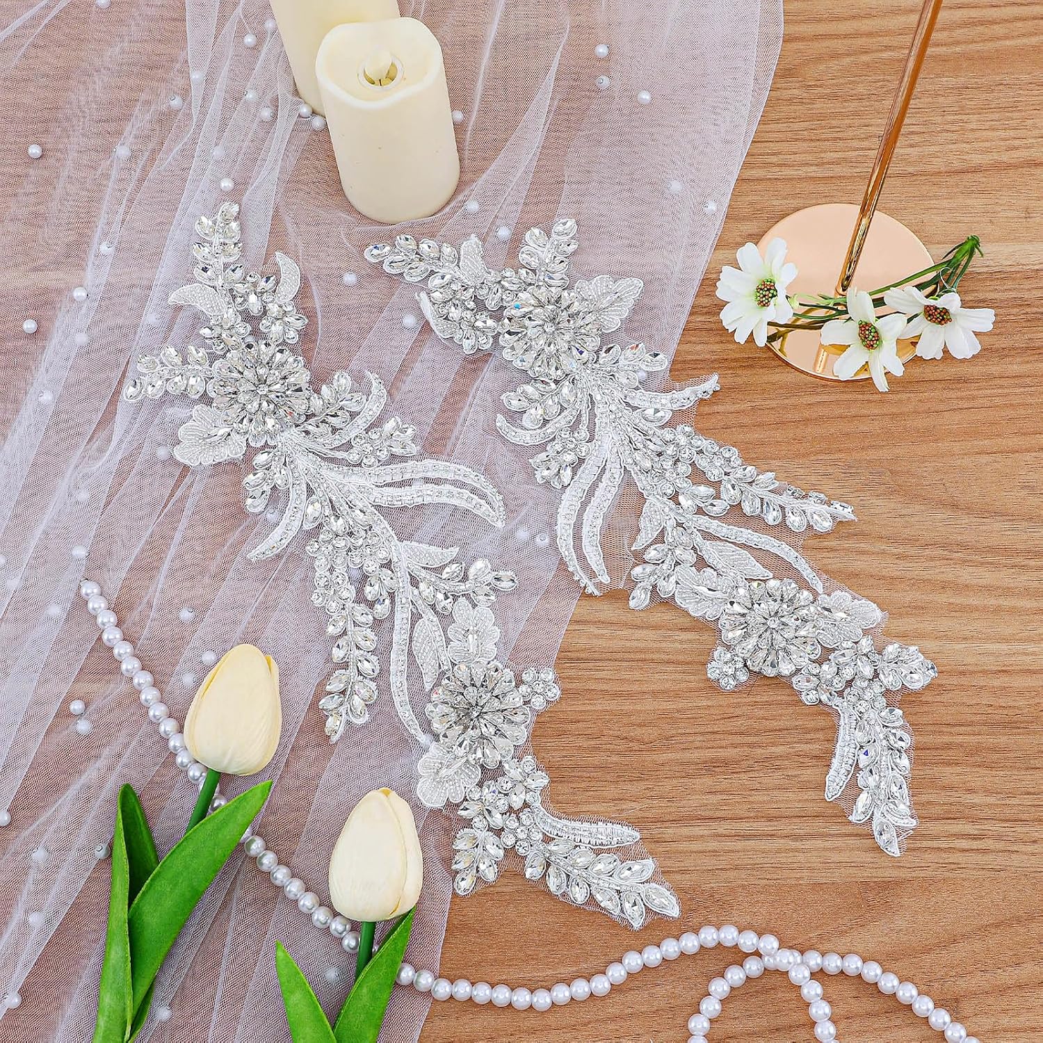 2Pcs Rhinestones Patches Handmade Rhinestones lace Beaded Applique DIY Sewing Appliques for Bridal Wedding Dress Prom Dress Clothes Shoes Decoration (White Big)