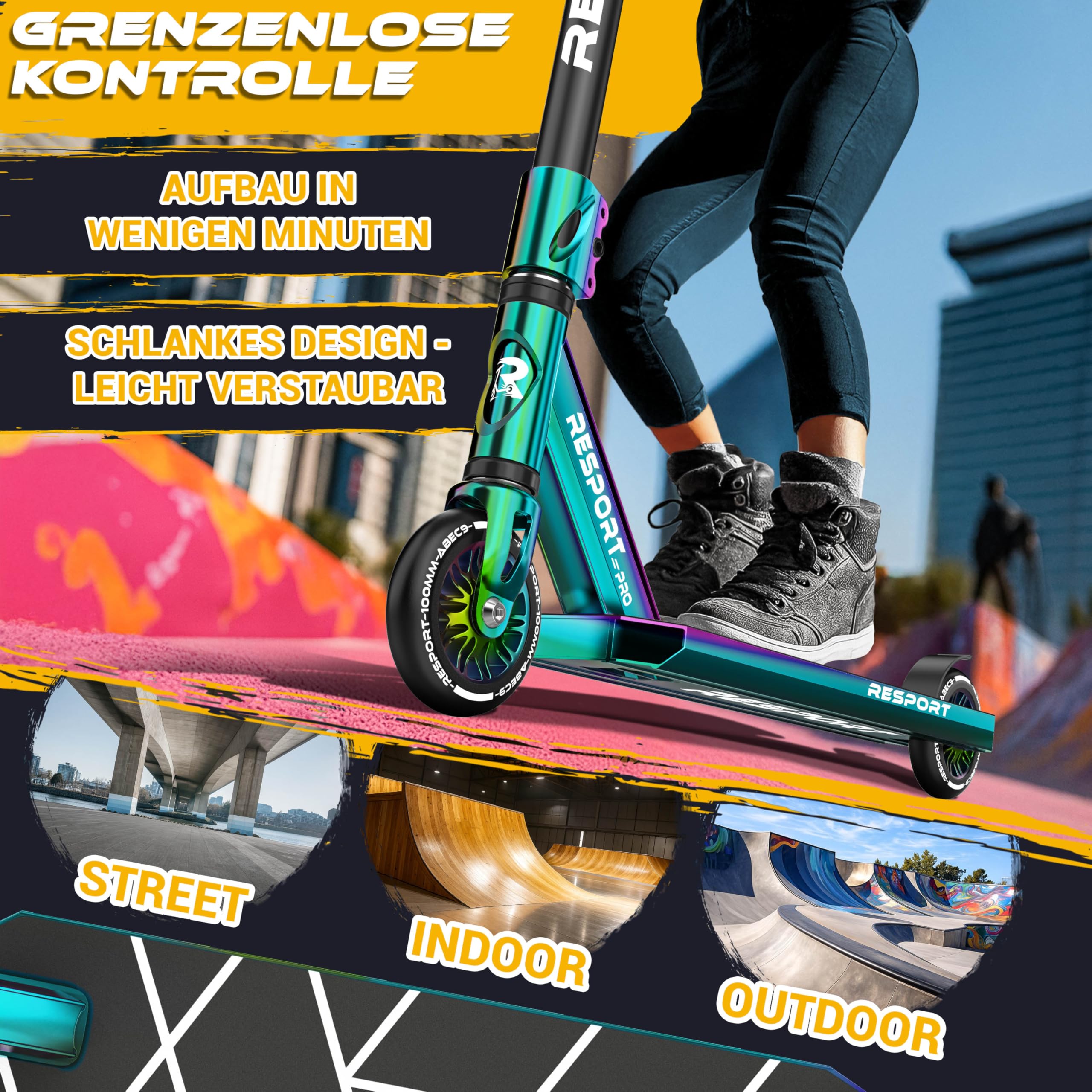 RE:SPORT® Stunt Scooter REVO PRO für Kinder & Erwachsene mit Ständer | Profi Stuntroller 110mm PU Wheels & Y-Bar | Stuntscooter Kickscooter ABEC 9 Kugellager | Tretroller Trickroller