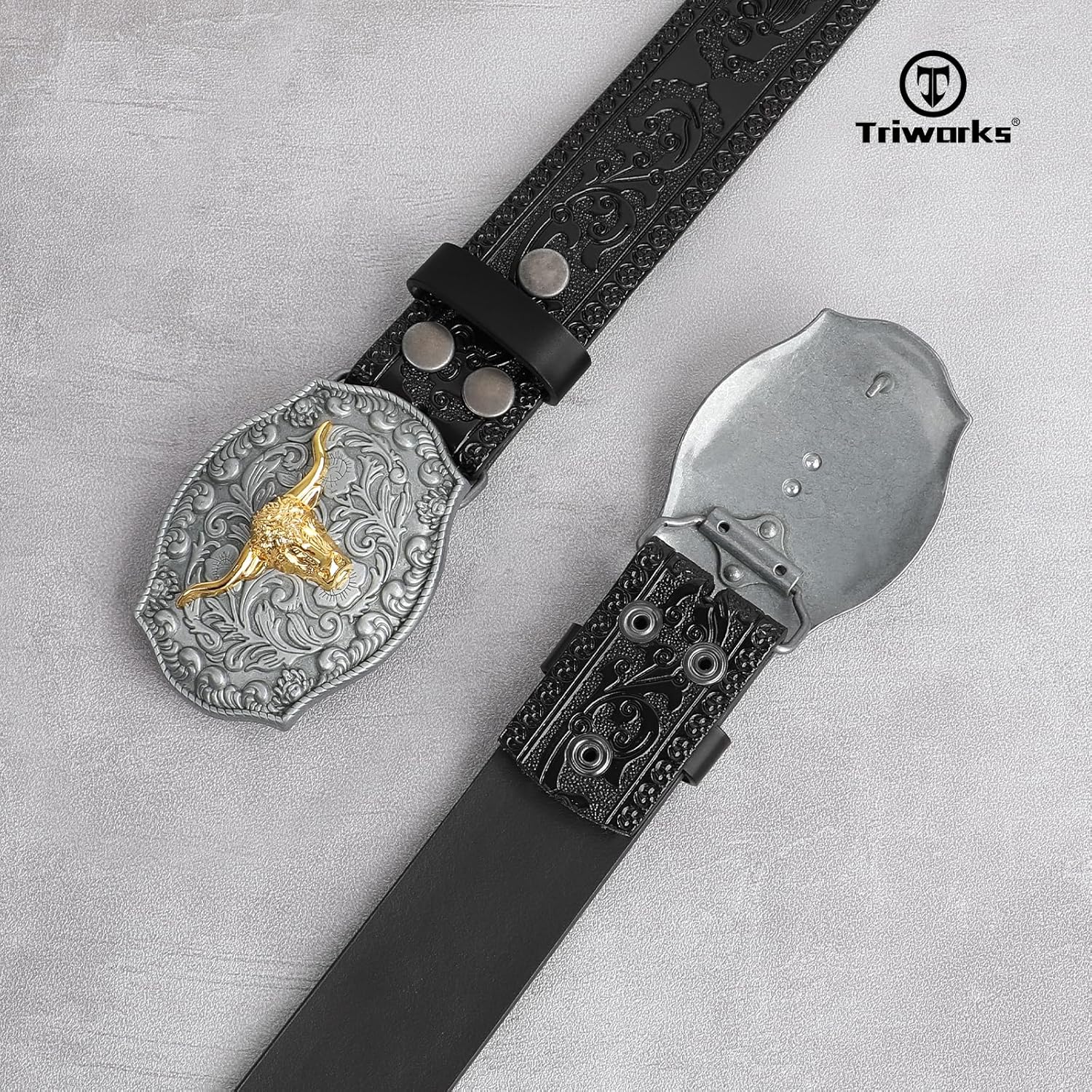 TRIWORKS Western Cowboy Cowgirl Belt for Men Western Buckle Belt 1.5" Wide Floral Engraved Embossed Leather Belt - Image 7