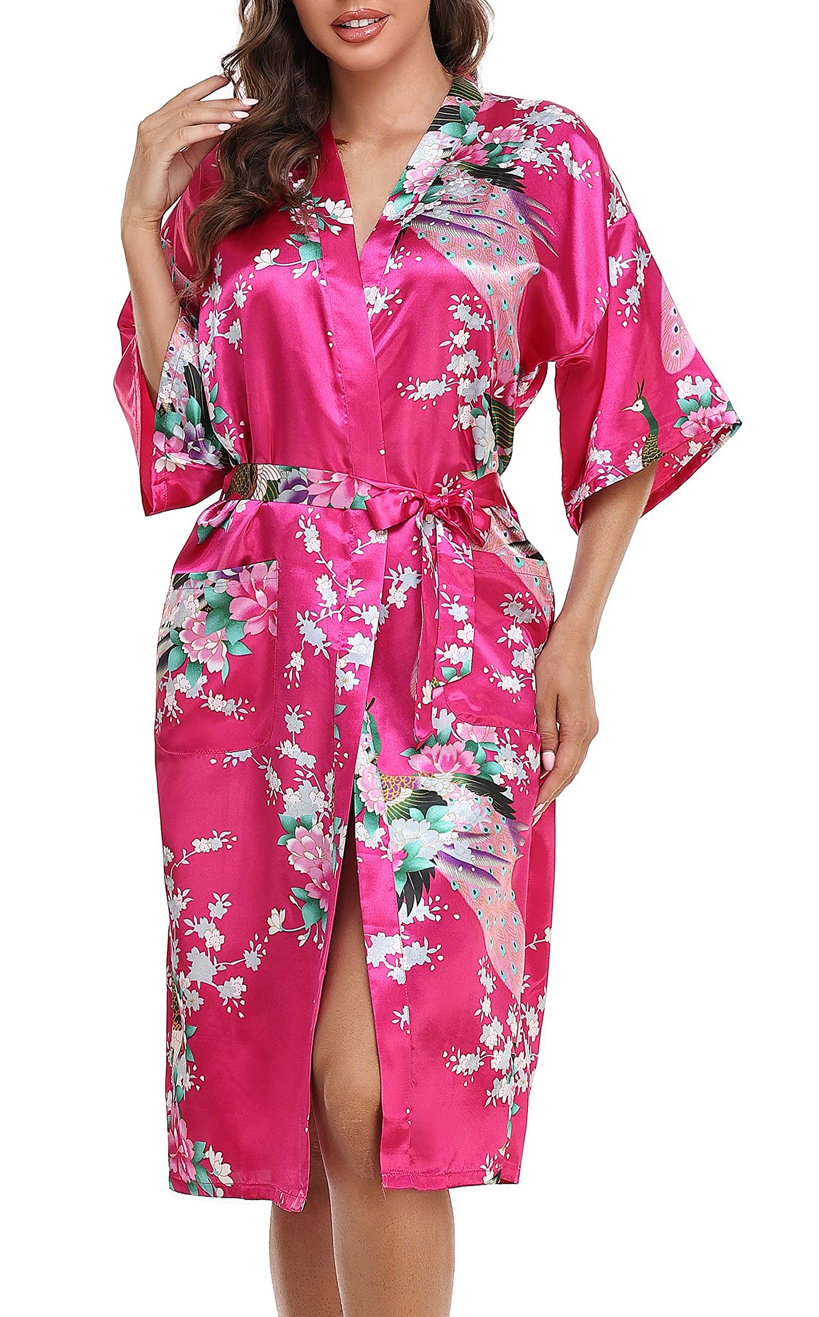Lovasy Kimono Dressing Gowns Satin Kimono Robe Peacock And Blossoms Silk Dressing Gown for Women UK Long Silk Bride and Bridesmaid Robes