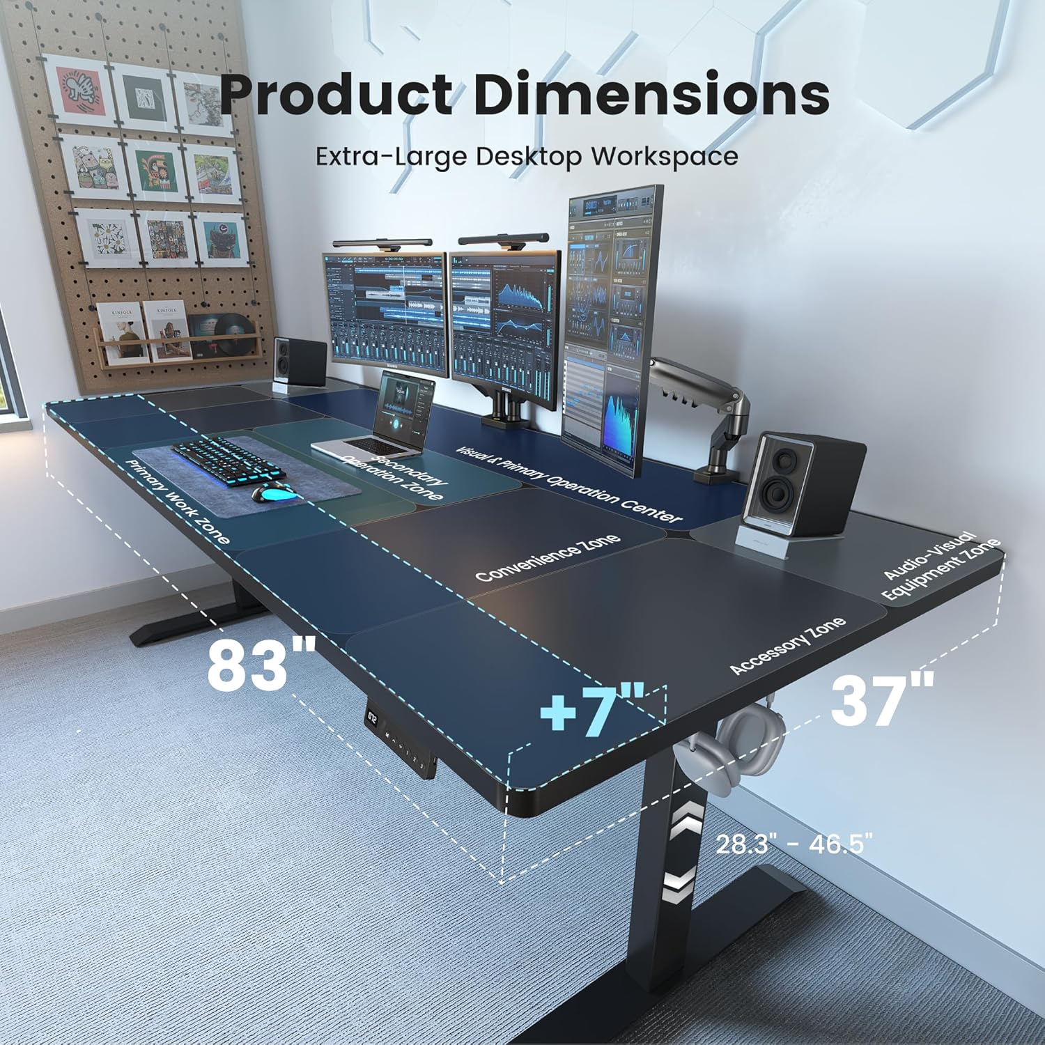 FEZIBO 83 x 37 Inch Electric Standing Desk with Integrated Dual-Beam, Height Adjustable Computer Desk for Home Office Workstation, 1" Thick Large 3-Piece Tabletop Black