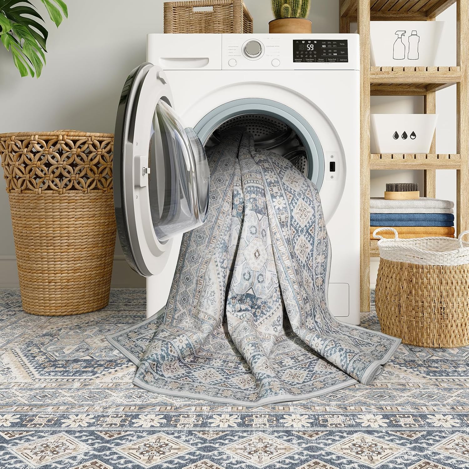 3x8 Runner Rug Kitchen Washable:Oriental Indoor Hallway Runners with Non Slip Backing Floor Mat for Entryway Door Low Pile Thin Carpet for Bedroom Bathroom Living Room Bedside (Blue, 3x8)