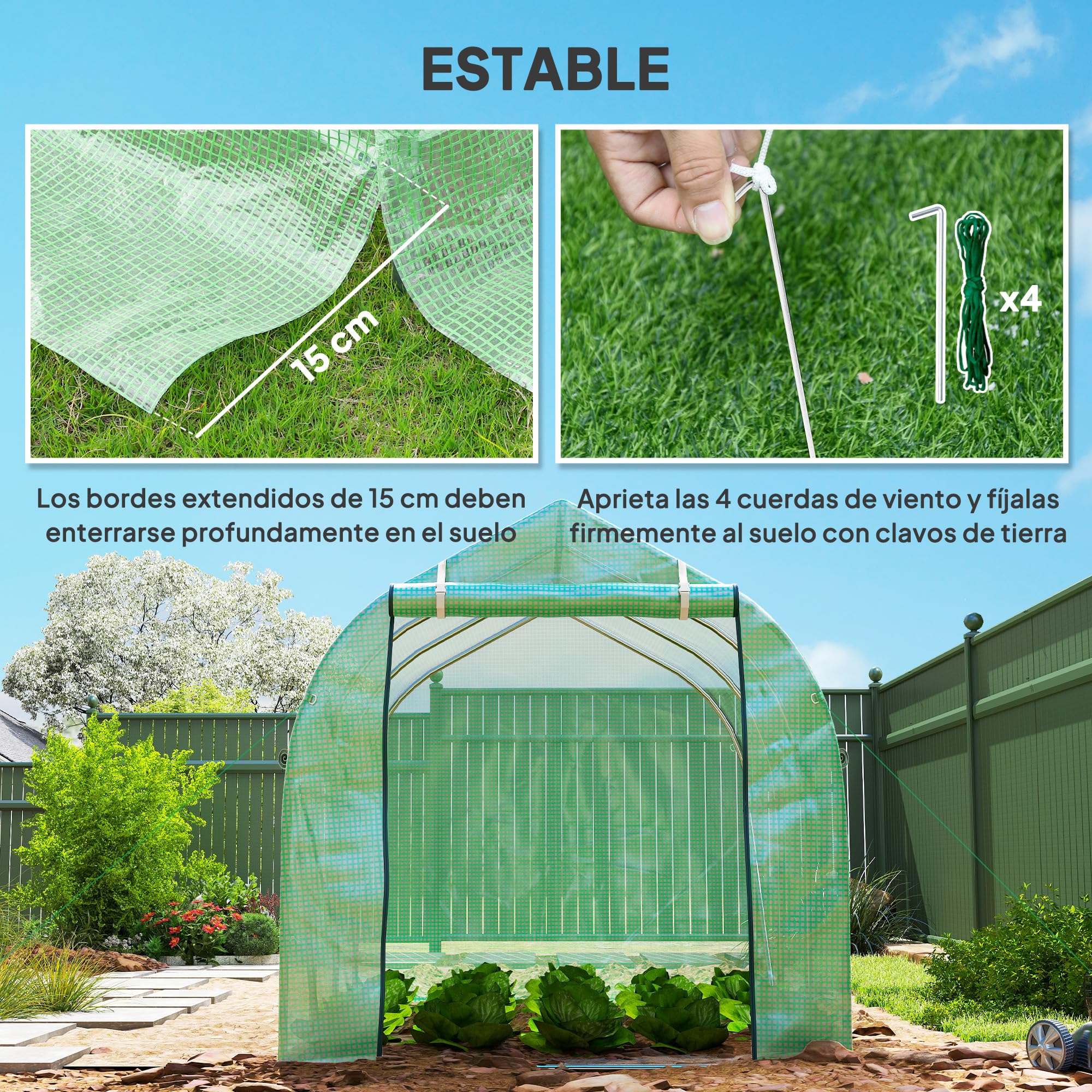 Outsunny Invernadero de Exterior 3x2x2 m Invernadero de Túnel con 6 Ventanas de Malla Puerta Enrollable Cubierta de PE 140g/㎡ Anti-UV Marco de Metal Galvanizado para Patio Jardín Verde