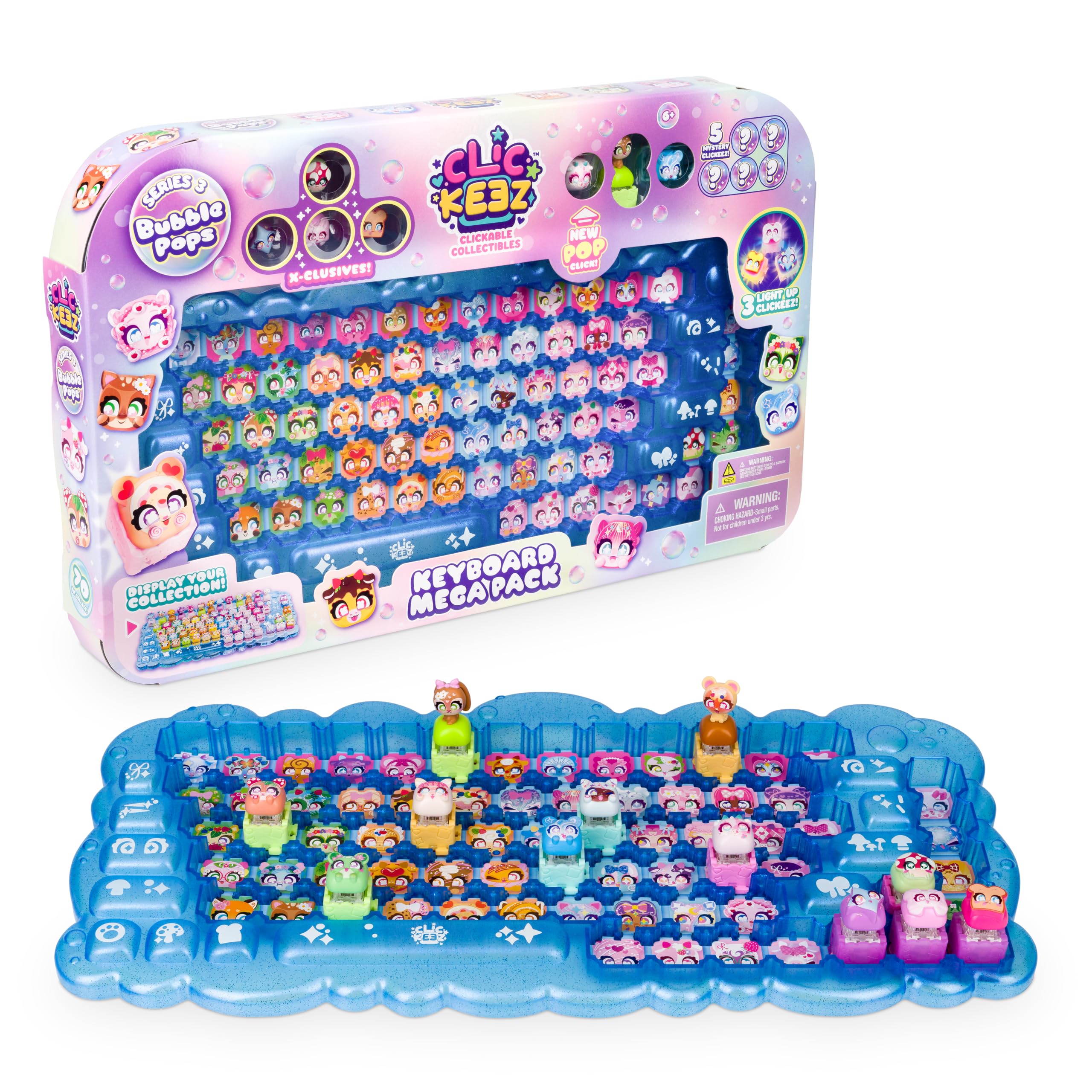 Clickeez Mega Pack de teclado serie 3 | Incluye una funda de coleccionista de teclado y 12 Clickeez con temática de burbujas (incluyendo 3 iluminados) | Coleccionables con clic | A partir de 6 años