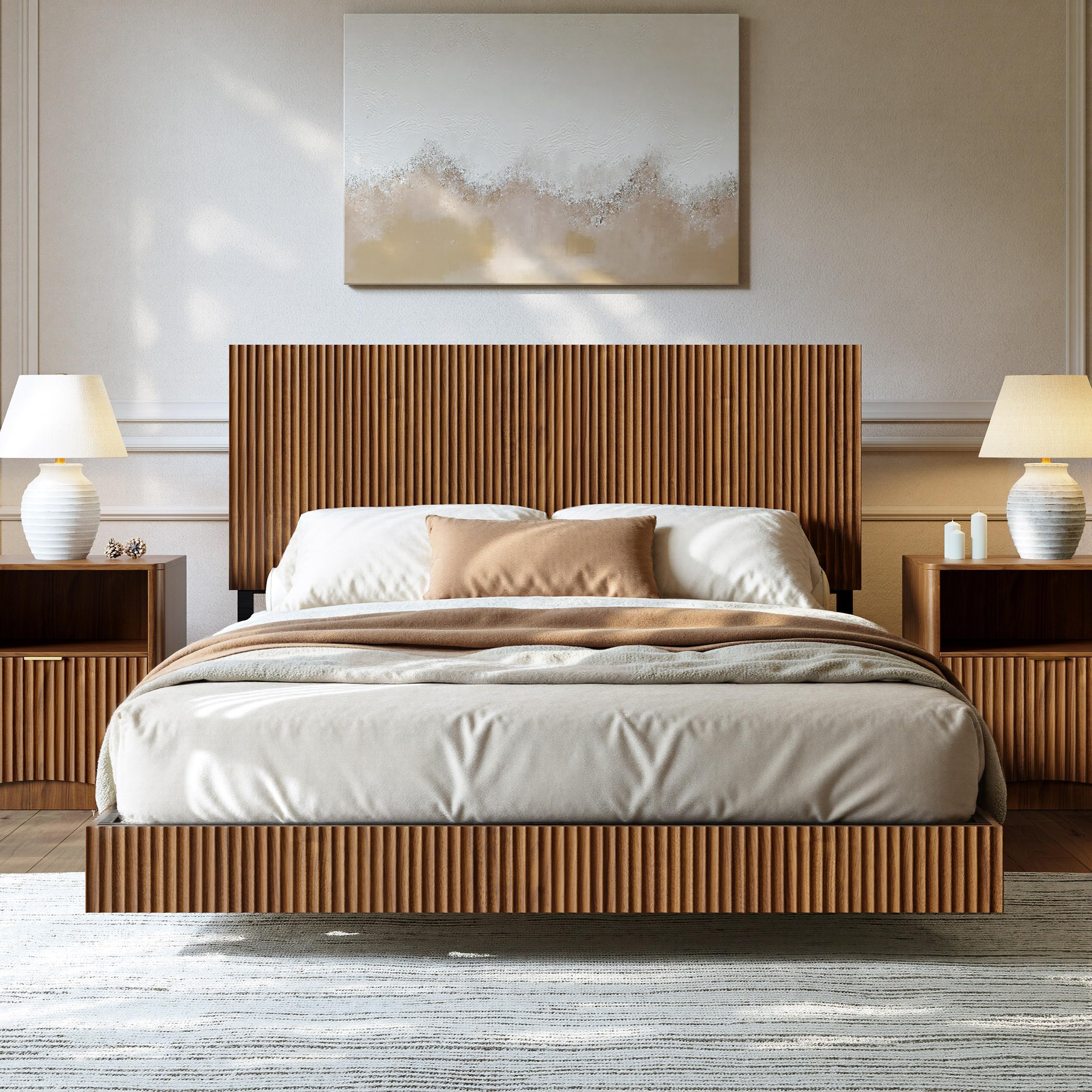 Evermagin Walnut Queen Floating Bed Frame with Headboard