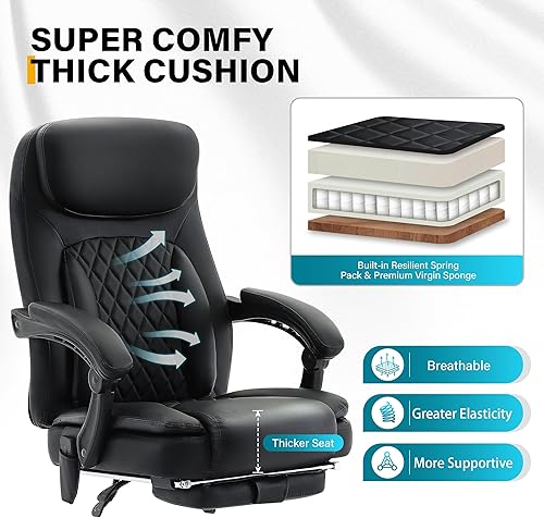 Miniatura 5 de Silla de oficina de masaje de 6 puntos con calefacción, sillas de escritorio ergonómicas con reposapiés y respaldo alto reclinable de 135, silla de