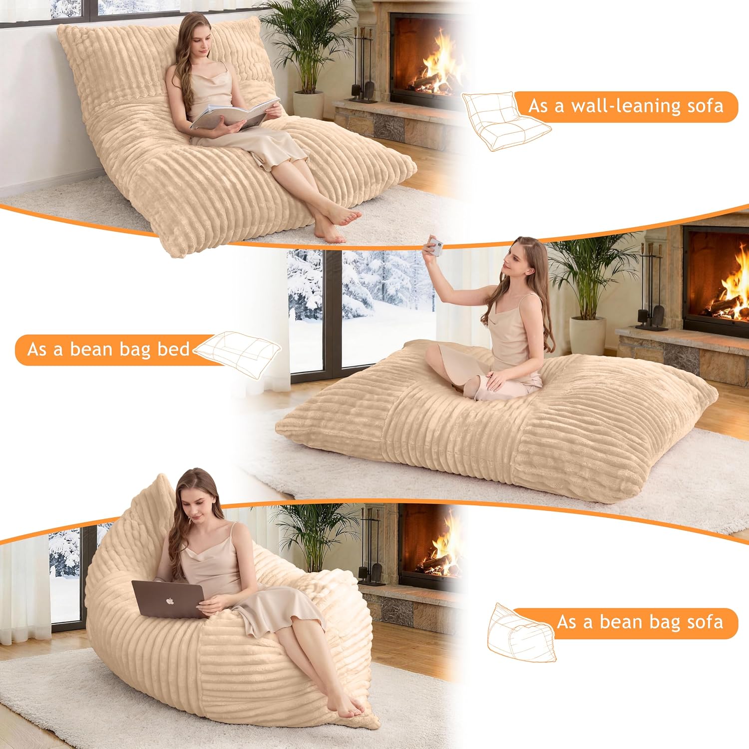 3 in 1 Bean Bag Chair with Memory Foam Filling, Beanbag for Adult 6 Colors, Machine Washable Flannel Cover, Soft Cozy for Bedroom, Living Room, Covered Outdoor Spaces Black