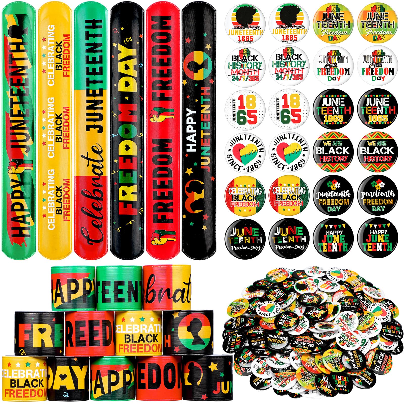 Yaomiao 360 Pcs Happy Juneteenth Day Party Favors 180 Pcs Juneteenth Pin Buttons Bulk Freedom Day Slap Bracelets for Black American 1865 Afro Party