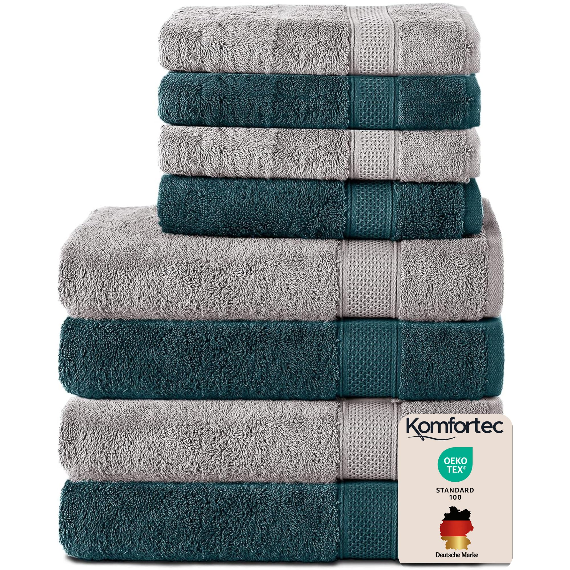 Komfortec Set of 8 Hand Towels 100% Cotton, 4 Bath Towels 70 x 140 cm and 4 Hand Towels 50 x 100 cm, Terry Clothing, Soft, Large, Silver/Petrol