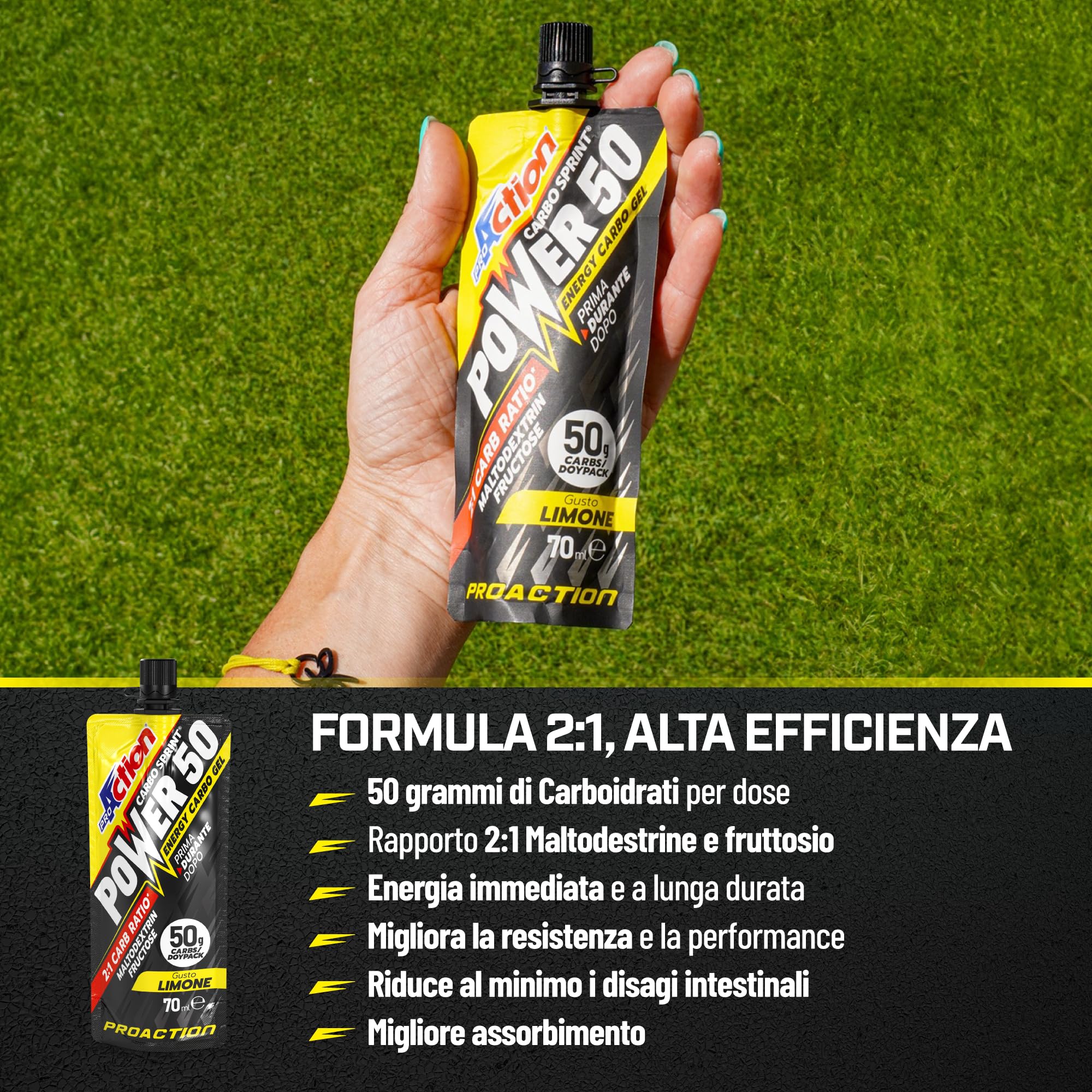 ProAction Carbo Sprint Power 50 Carbo Gel 50g | Gel Carboidrati 2:1 con Maltodestrine e Ciclodestrine Altamente Ramificate per Ciclismo Endurance | 70 ml per Stick | Box da 32 pz