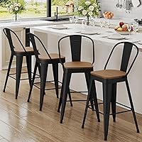 Andeworld Set of 4 Matte Black 24" Counter Height Metal Bar Stools - Farmhouse High Back with Large Seat, Stackable Kitchen Chairs