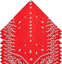 Pack of 10 Red Cotton Bandana 100% Cotton Paisley Scarf Red True | Premium Quality, Superior Thickness Fichu Hair Headband Multifunctional for Men, Women, Children, Dog Pattern, Paisley Red