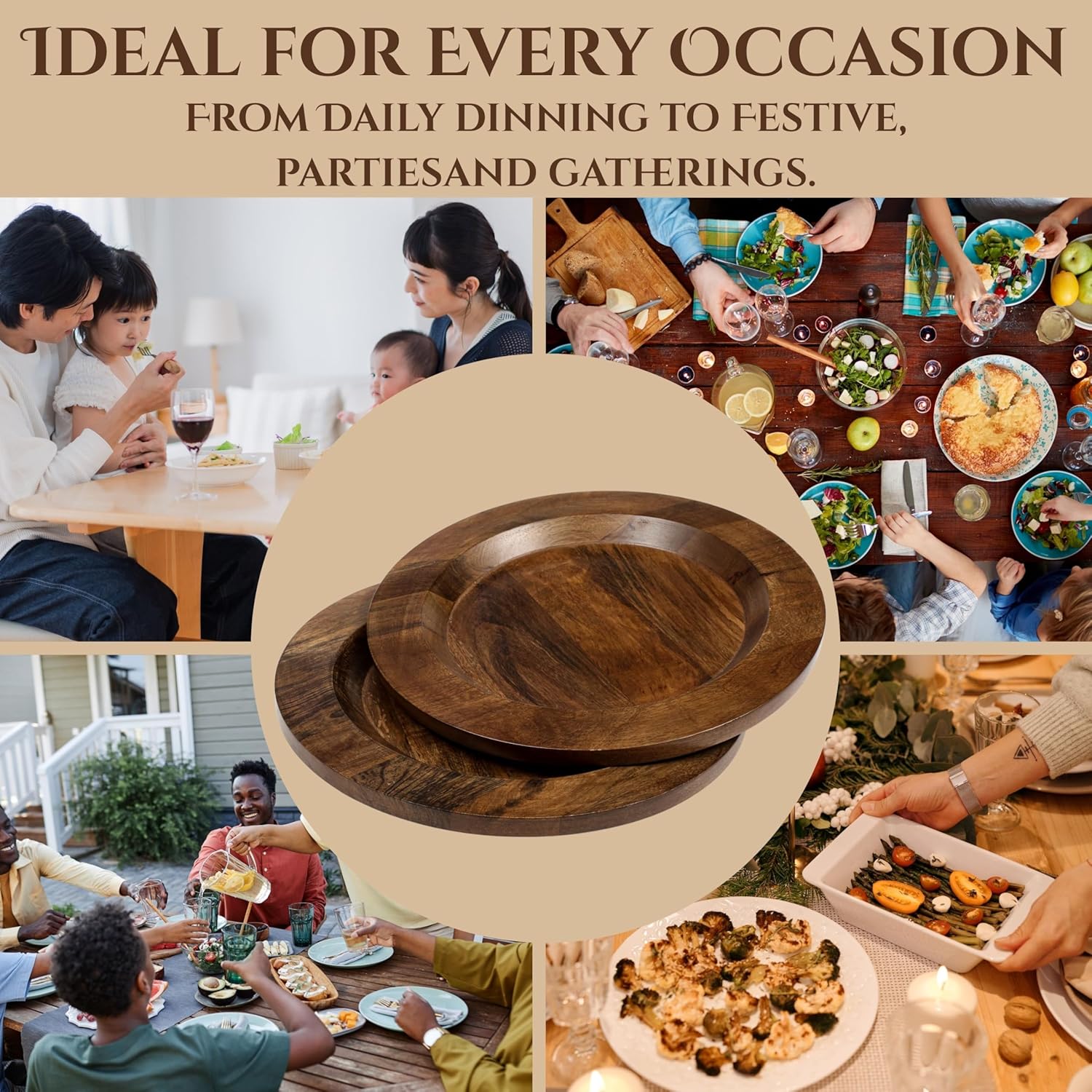 CLEENTABLE Wooden Chargers Plates Set of 2-13" Serving Dinner Plate for Weddings, Parties, Rustic Table Decor, Indoor Outdoor Dining - Lightweight Round Appetizer Plates (Walnut)