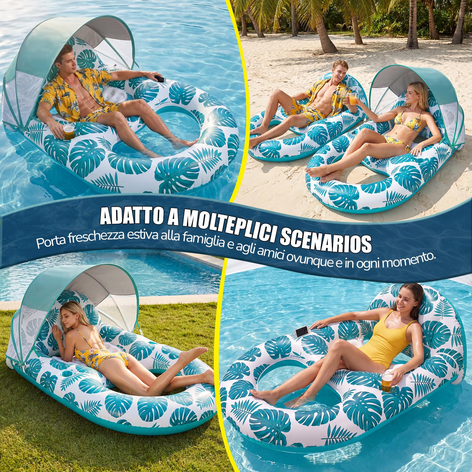 Materassino Gonfiabile Abbronzante, Inflatable Tanning Pool con Parasole Rimovibile Piscina Doppio Grande Adulti con Portabevande e Schienale per Piscina Estiva in Spiaggia