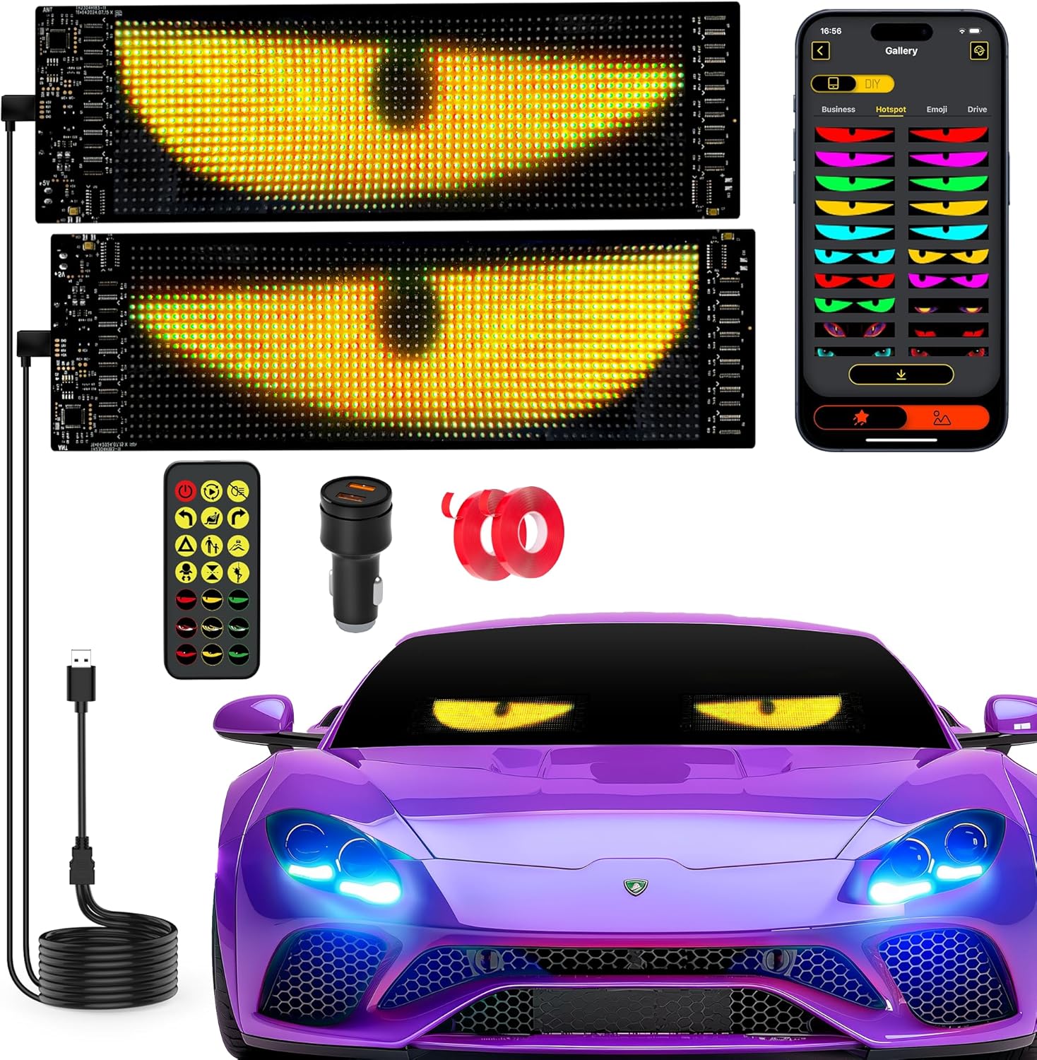 2026 Upgrade LED Eyes for Windshield, 2PCS 15.51"×3.62" Ojos Led Para Carros, Flexible Waterproof Devil Eyes Sign with APP Control, Custom & Animation, Synchronized Lightride Display for Car/Truck/SUV
