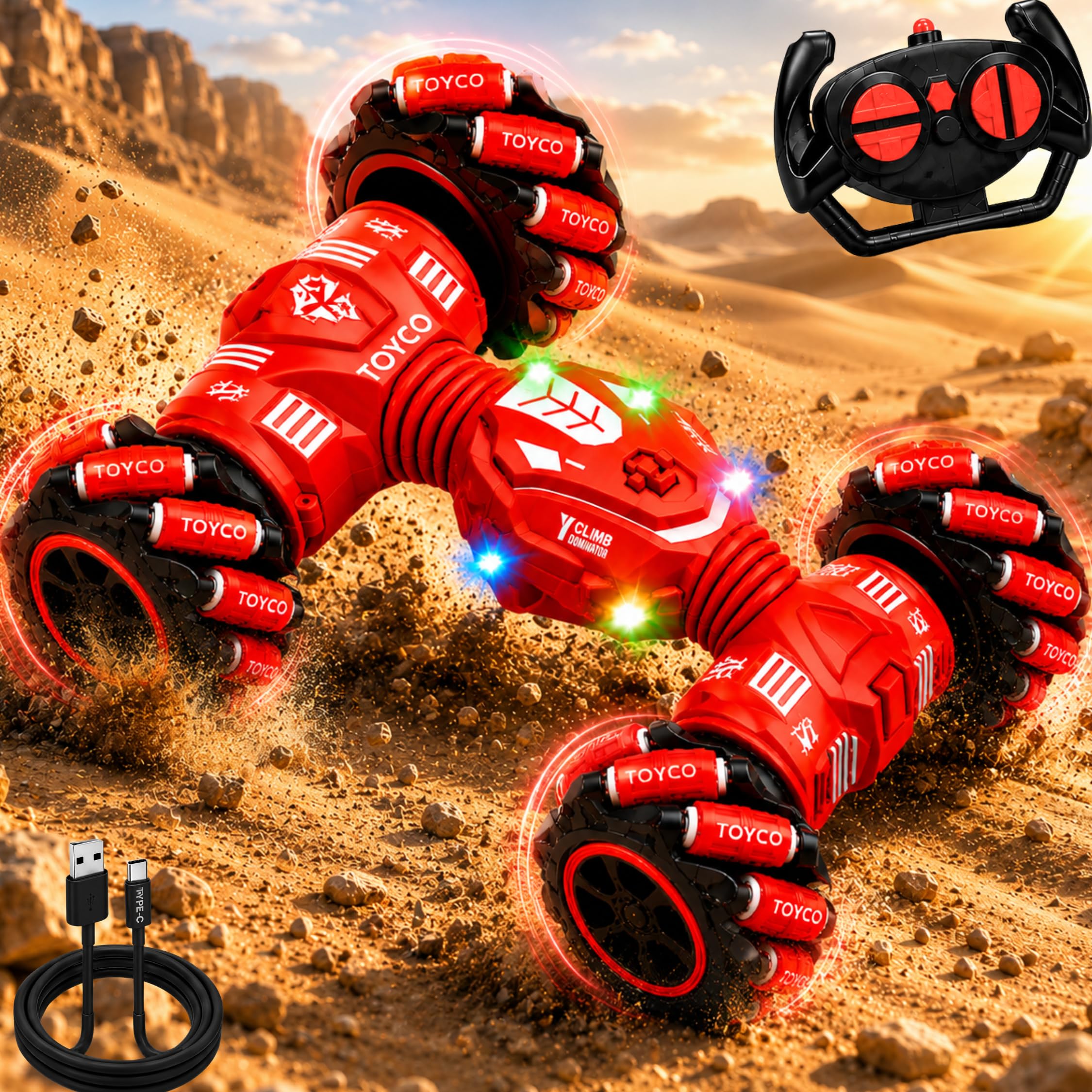 toyco® Remote Control Drifting Stunt Car Toy 4WD for Kids 4+ | 360° Rotating Double-Sided RC Car 4x4 with Omni Wheels | USB Type-C Rechargeable | 2.4GHz Remote | RGB Lights | Off-Road Racing Car Toys-picture-11