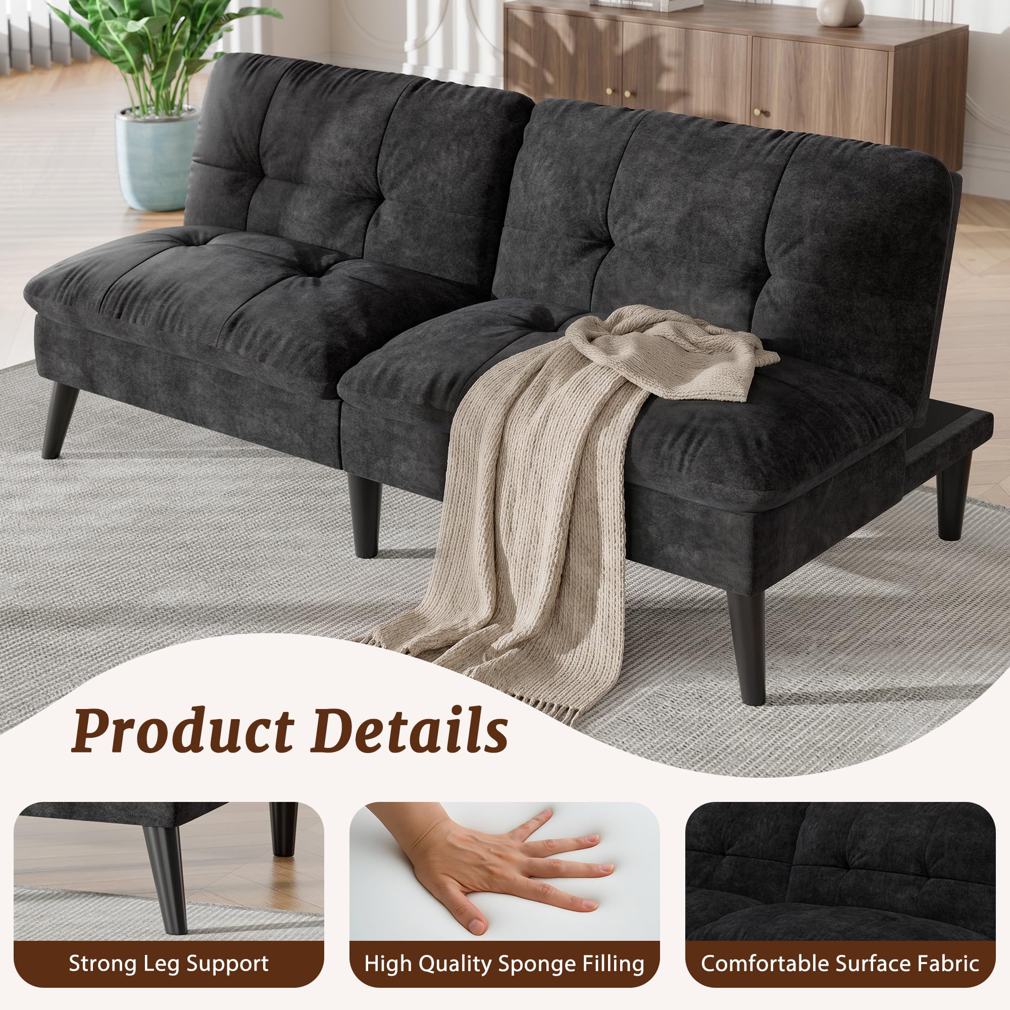 Shintenchi Futon Sofa Bed, Foldable Small Velvet Couch Bed with Adjustable Recliner, Space Saving 2 in 1 Sofa for Living Room, Apartment, or Guest Room, Black