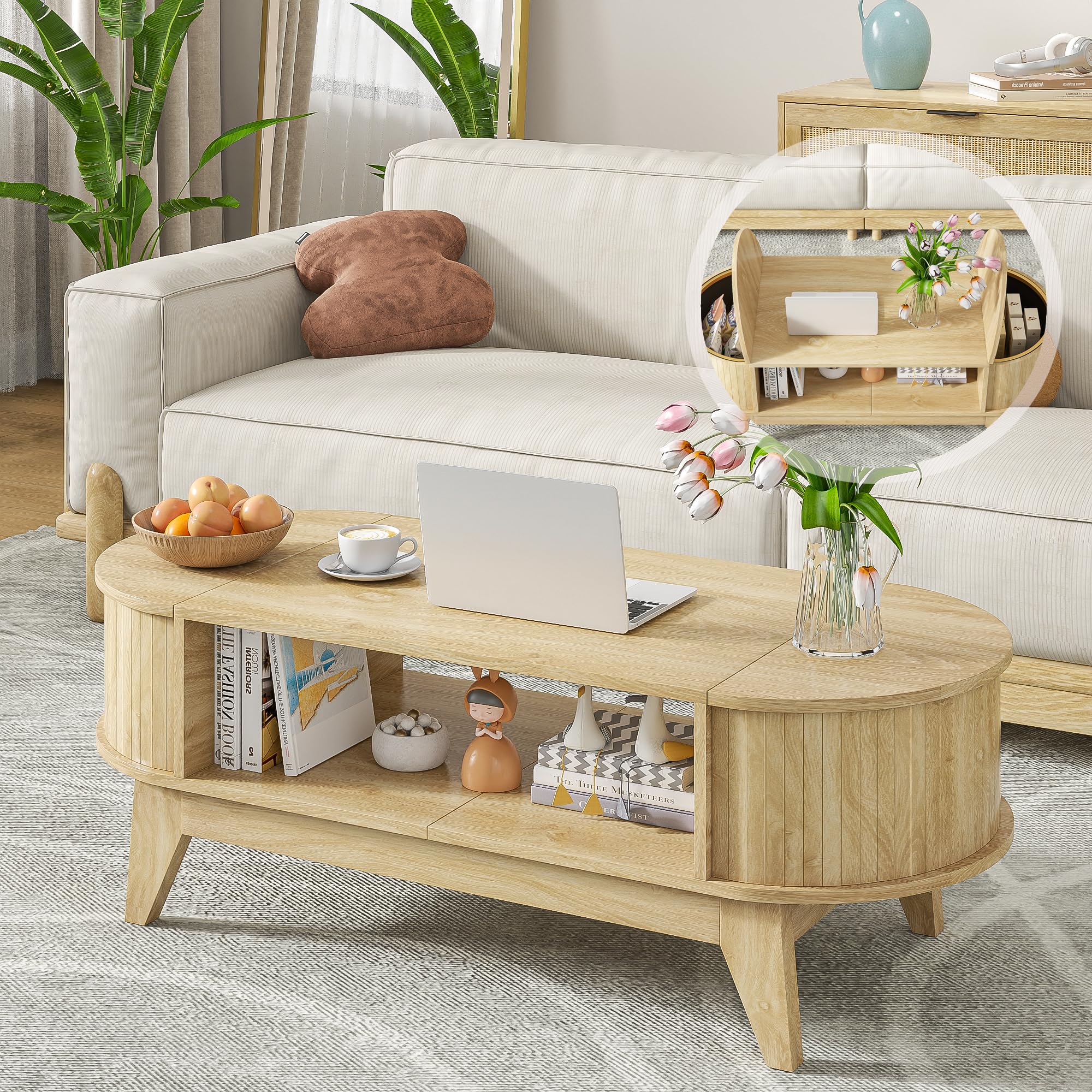 Fsbecl 46.45'' Oval Coffee Tables for Living Room, Mid Century Modern Coffee Table with Storage, Wood Fluted Accent Center Table with Flip-Top Lids