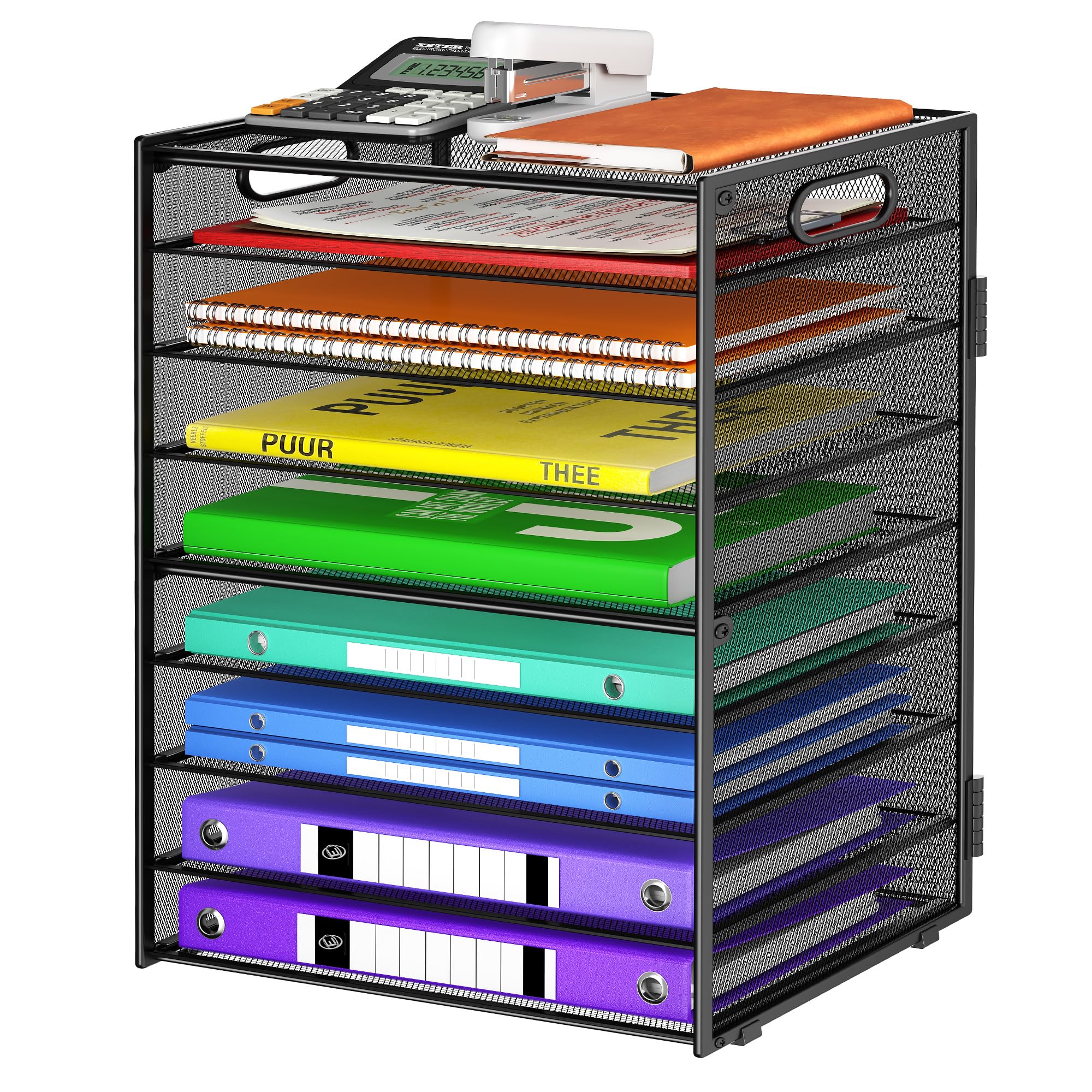 9 Tier Paper Organizer with Handle, Large Capacity Desk Organizer Mesh File Folder Organizer Letter Paper Tray Desktop Document Sorter for Classroom, School, and Office Organization- Black