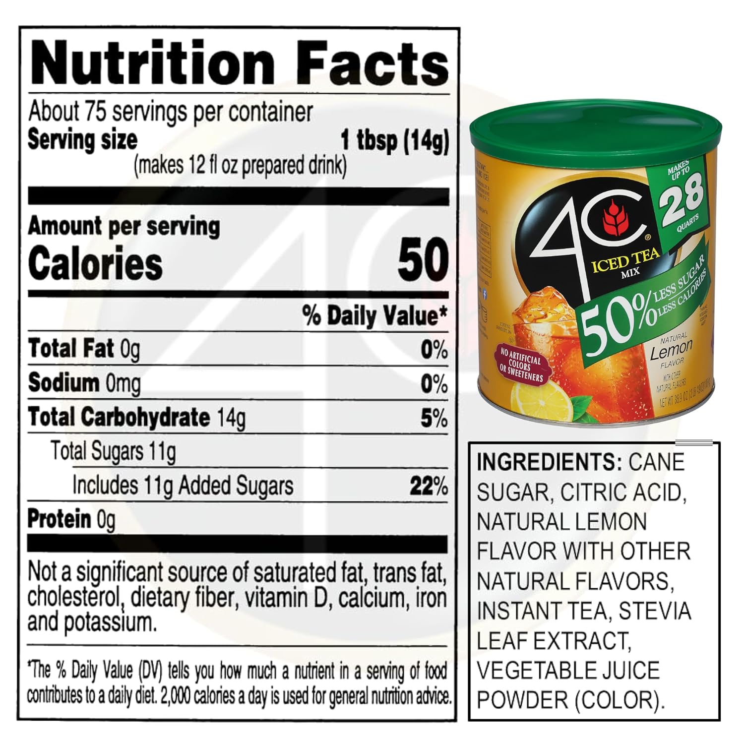 4C Reduced Sugar Powdered Drink Mix Canisters, Iced Tea, 28 Quarts, Family Sized Canister, Thirst Quenching & Refreshing Flavors (Lemon Iced Tea, 36.9 Ounce (Pack of 3))