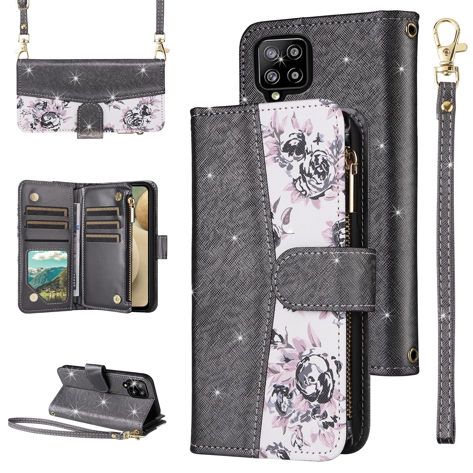 Furiet for Samsung Galaxy A42 5G Floral Wallet Case with Flip Zipper Purse Wrist Strap Shoulder Strap Luxury Glitter PU Leather Card Holder Stand Cell