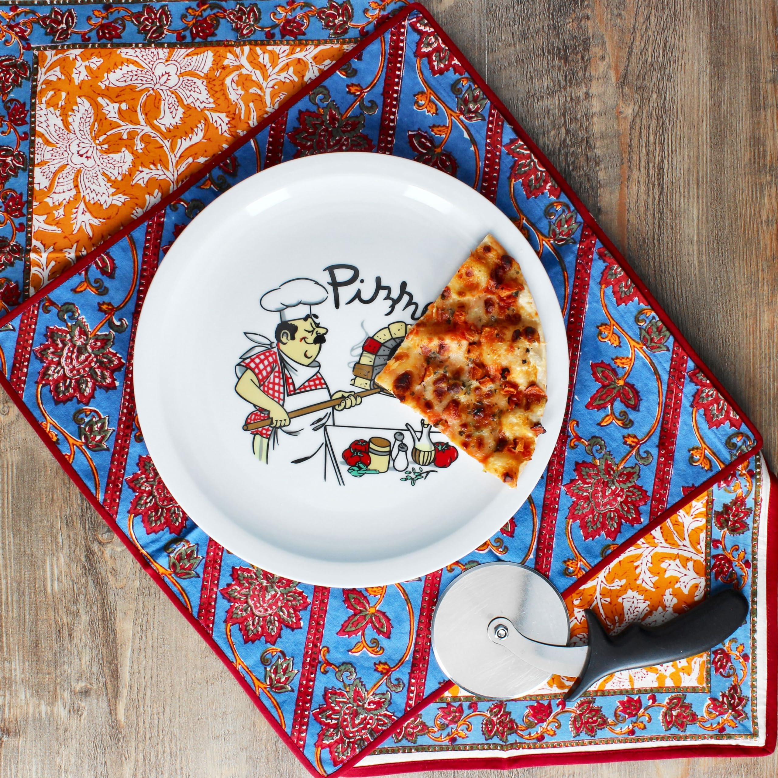 MamboCat 6er Set Mario Pizzateller XXL I Ø 33,5 cm I für 6 Personen I weiße große Pizzateller aus Porzellan mit Pizza-Bäcker Motiv I für Pizzen oder zum Anrichten I große Speiseteller, Servierplatte
