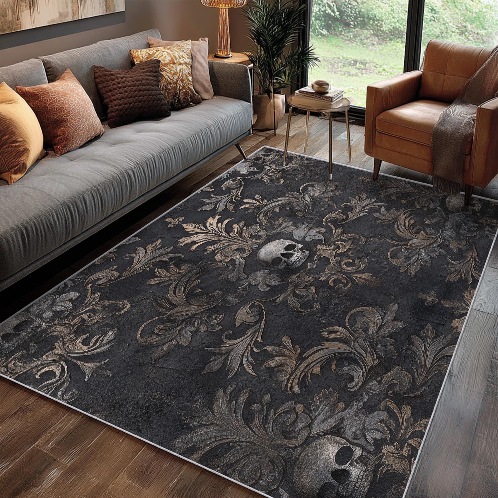 Goth Rug for Living Room, Skull Damask Oriental Vintage Leaf Rugs Non Slip Low Pile Washable for Bedroom Kitchen, Goth Decor Carpet Home Accessories, 100 x 150 cm