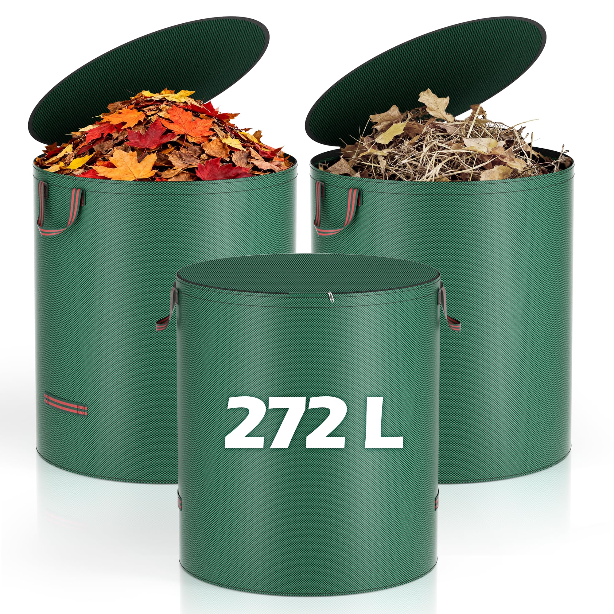 Flaveano Garden Waste Bags With Handles, 3x272L Garden Bags Heavy Duty With Lid for Collecting Grass, Leaves, Debris