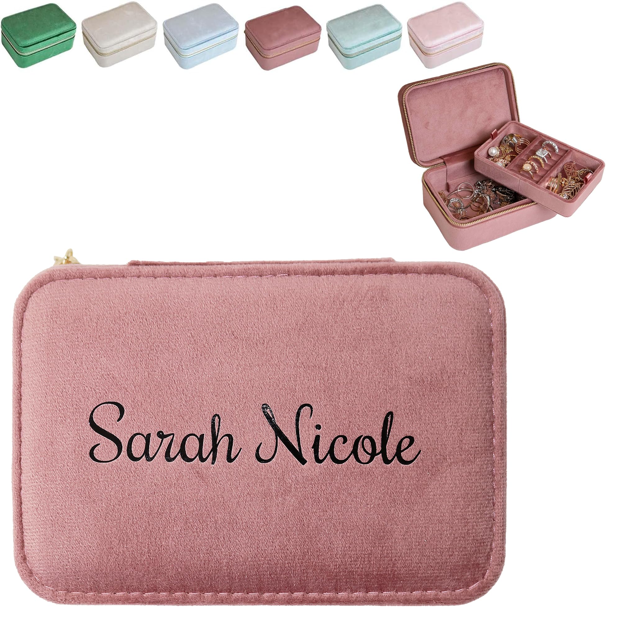 Customizable Two-Tier Velvet Jewelry Box With Mirror, Travel Case and Organizer for Women and Girls, Holder (Center Text, Nude Pink)