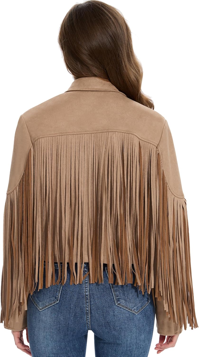 Fahsyee Fringe Leather Jacket Women, Western Cowgirl Outfits for Women Country Concert Wear Suede Cropped Coat S-XXL